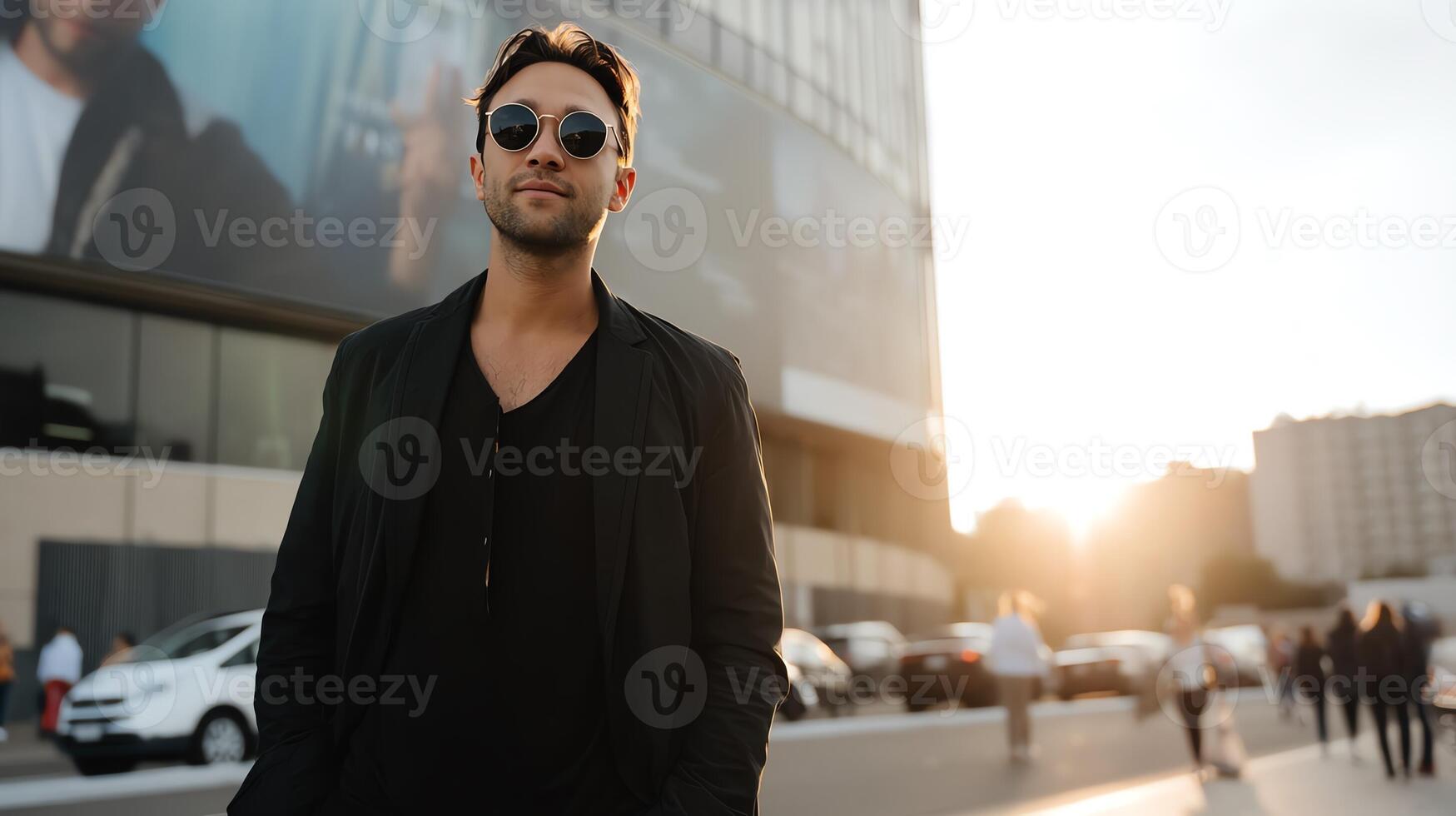 Tech entrepreneur wearing smart casual standing in front of a building with a large digital billboard showing app launch ad photo