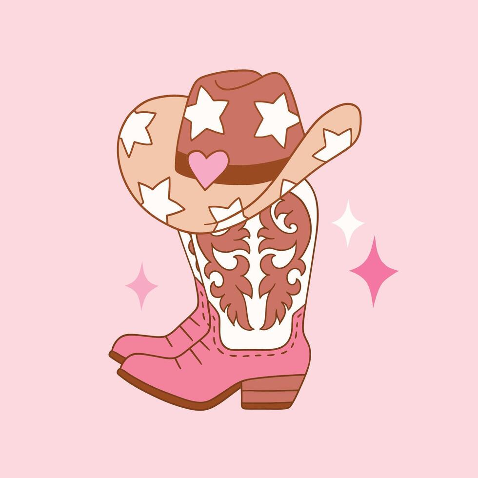 Cute western cowgirl boots with hat. Hand drawn girly rodeo clipart. Perfect for sticker, tee shirt logo, greeting card, poster or nursery print design. vector