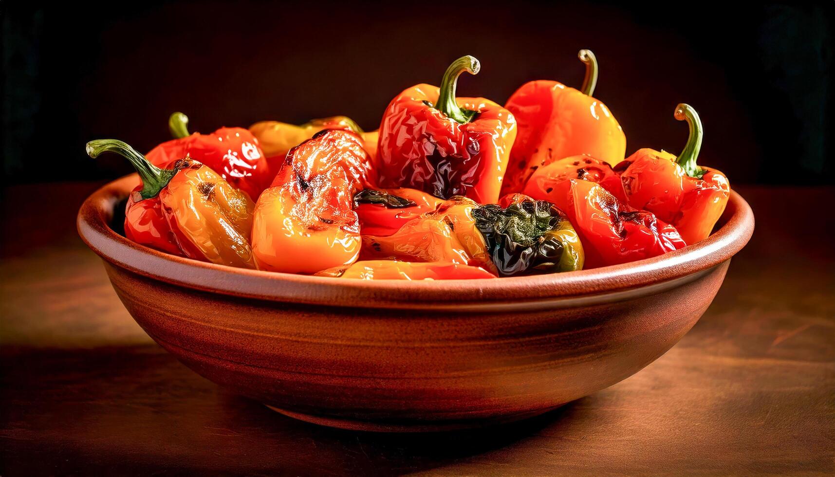 A clay bowl filled with smoky fire-roasted bell peppers, their skins lightly charred, adding a rustic and flavorful touch to any meal. photo