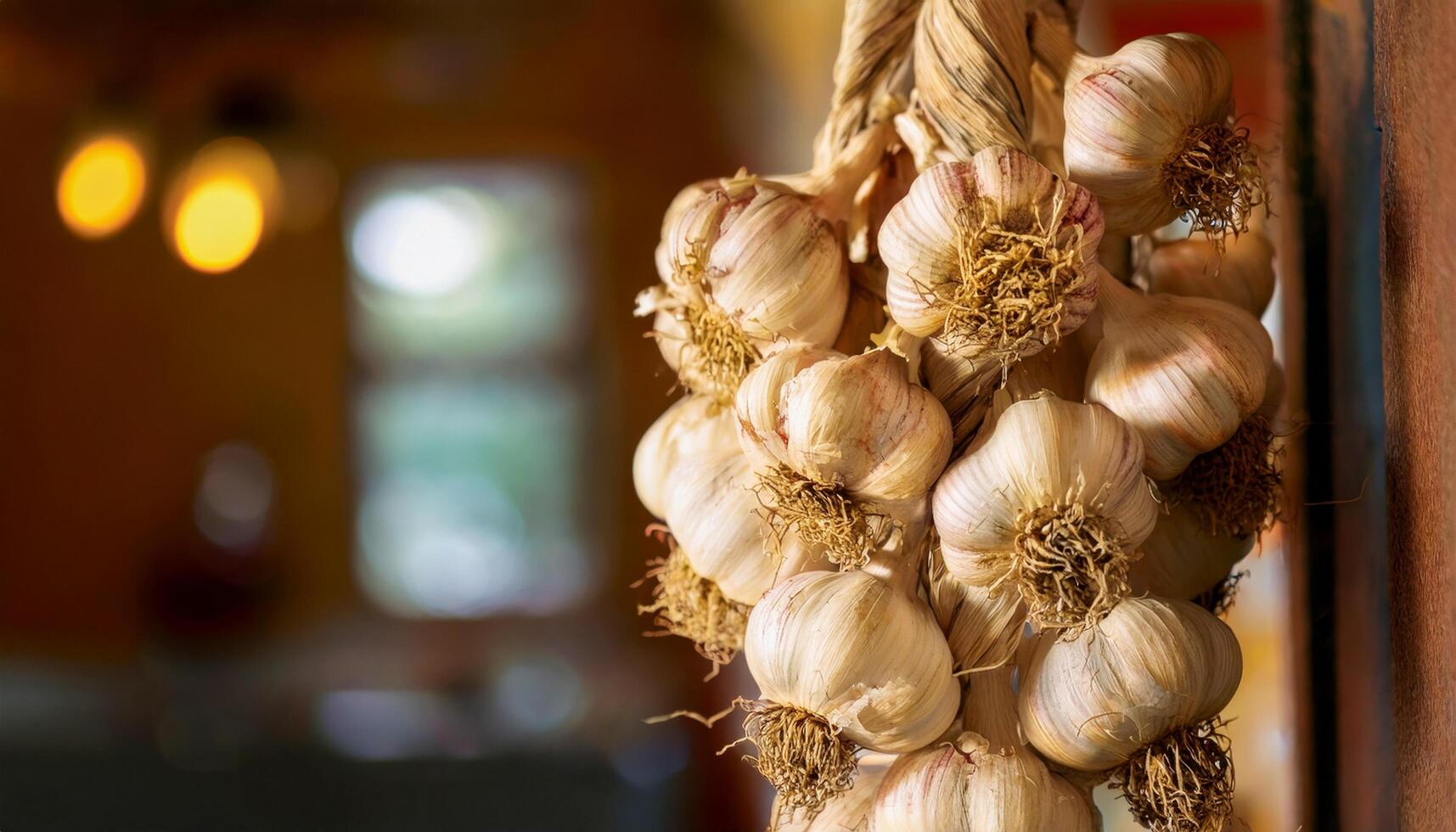Golden-hued garlic bulbs, bundled together, hang drying in a homely kitchen, their textured skins illuminated by afternoon light streaming through an open window, carrying the scent of fresh basil. photo