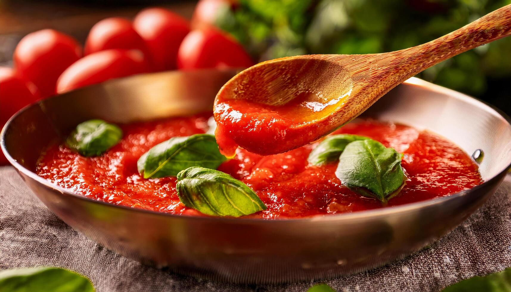 A wooden spoon glides through a deep plate of thick, homemade tomato sauce, infused with the bold flavors of sun-ripened tomatoes and fragrant basil. photo