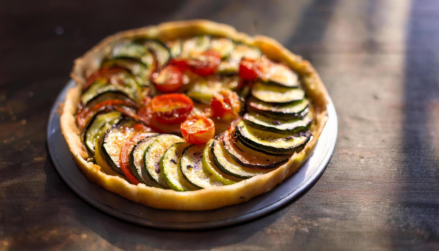 A homemade vegetable tart topped with thinly sliced zucchini, tomatoes, and caramelized onions, offering a perfect blend of savory flavors. photo