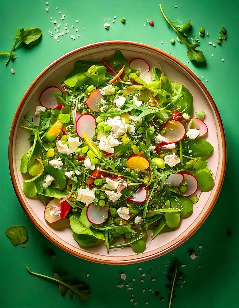 A top-down view of a fresh and colorful spring salad featuring mixed greens, radishes, peas, and crumbled feta cheese, all beautifully arranged in a large ceramic bowl for a healthy meal. photo