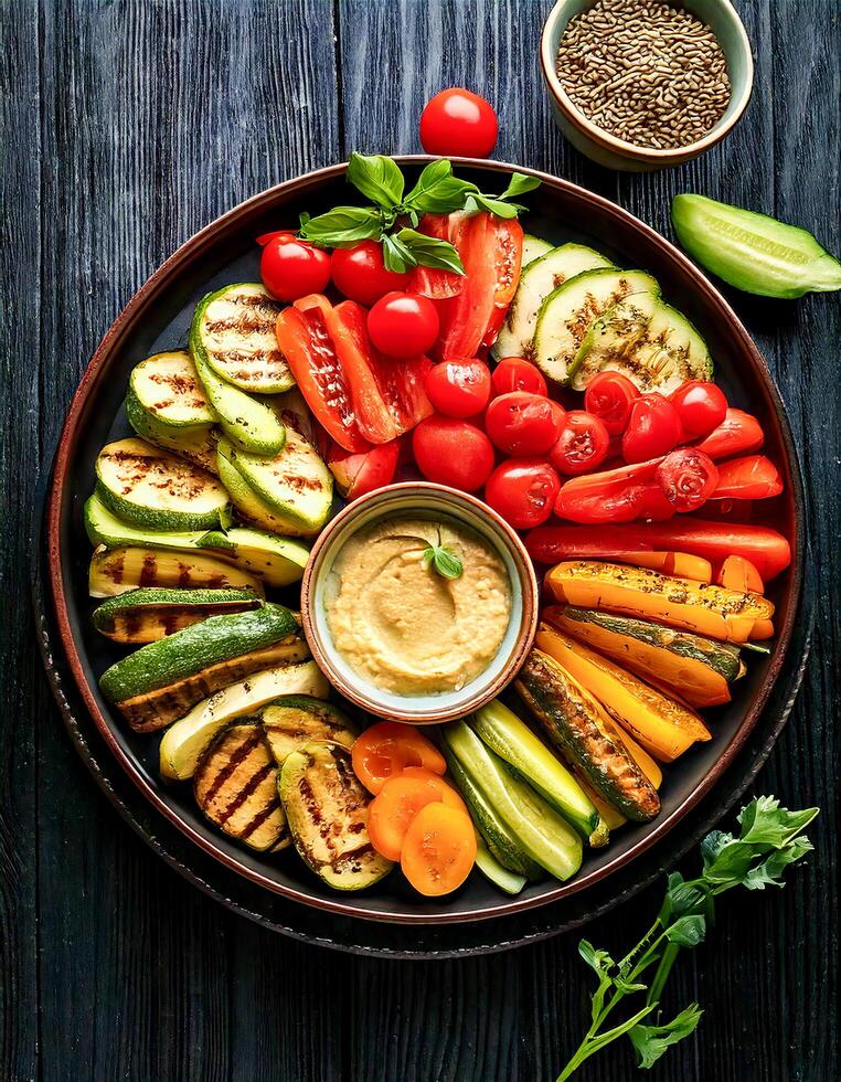 A vibrant summer vegetable platter seen from above, with sliced cucumbers, juicy cherry tomatoes, smoky grilled zucchini, and a bowl of creamy hummus for dipping, offering a refreshing snack. photo