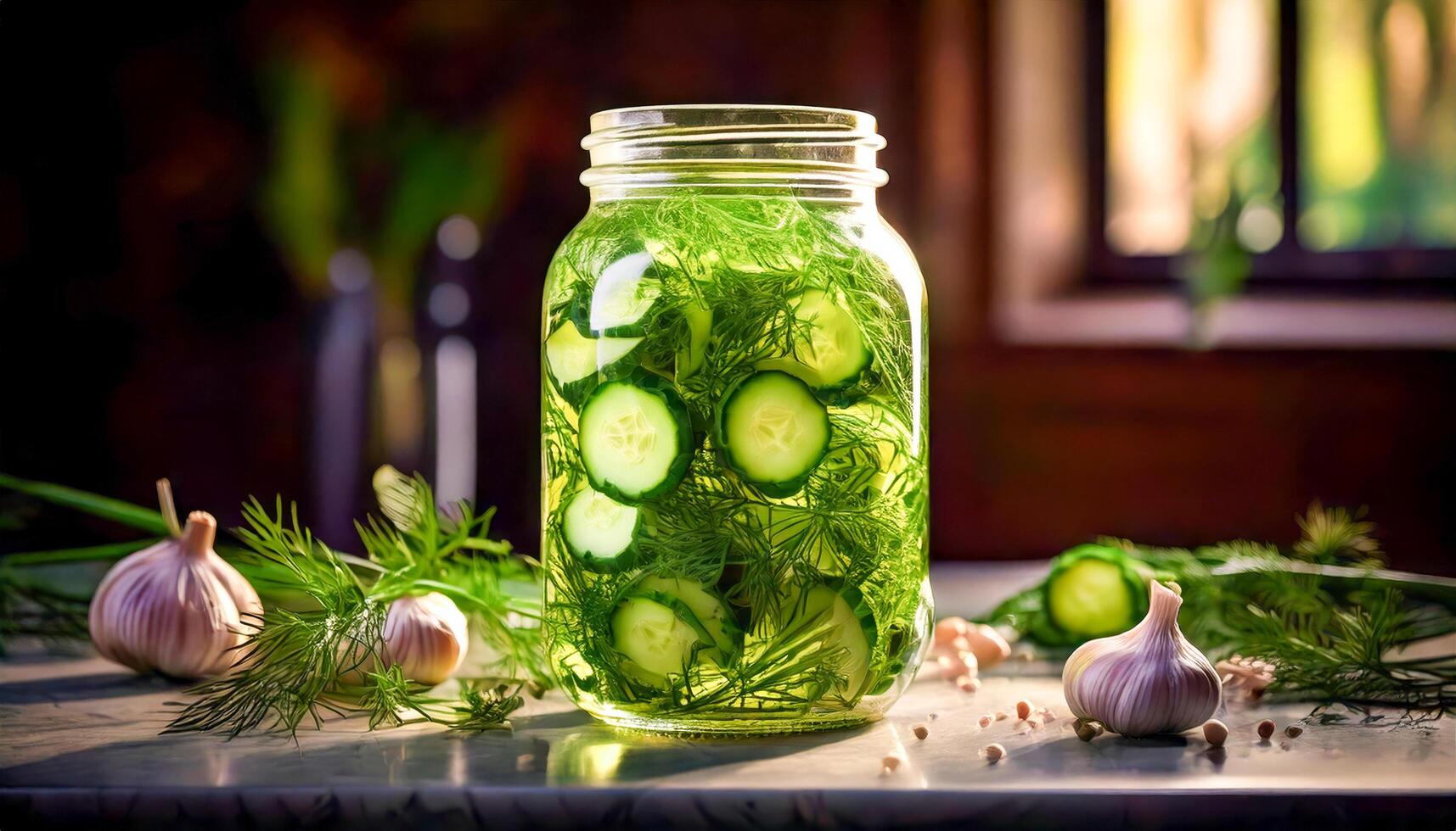 A closeup of a glass jar filled with homemade pickles thinly sliced cucumbers fragrant dill and garlic cloves resting on a kitchen countertop ready to enjoy. photo