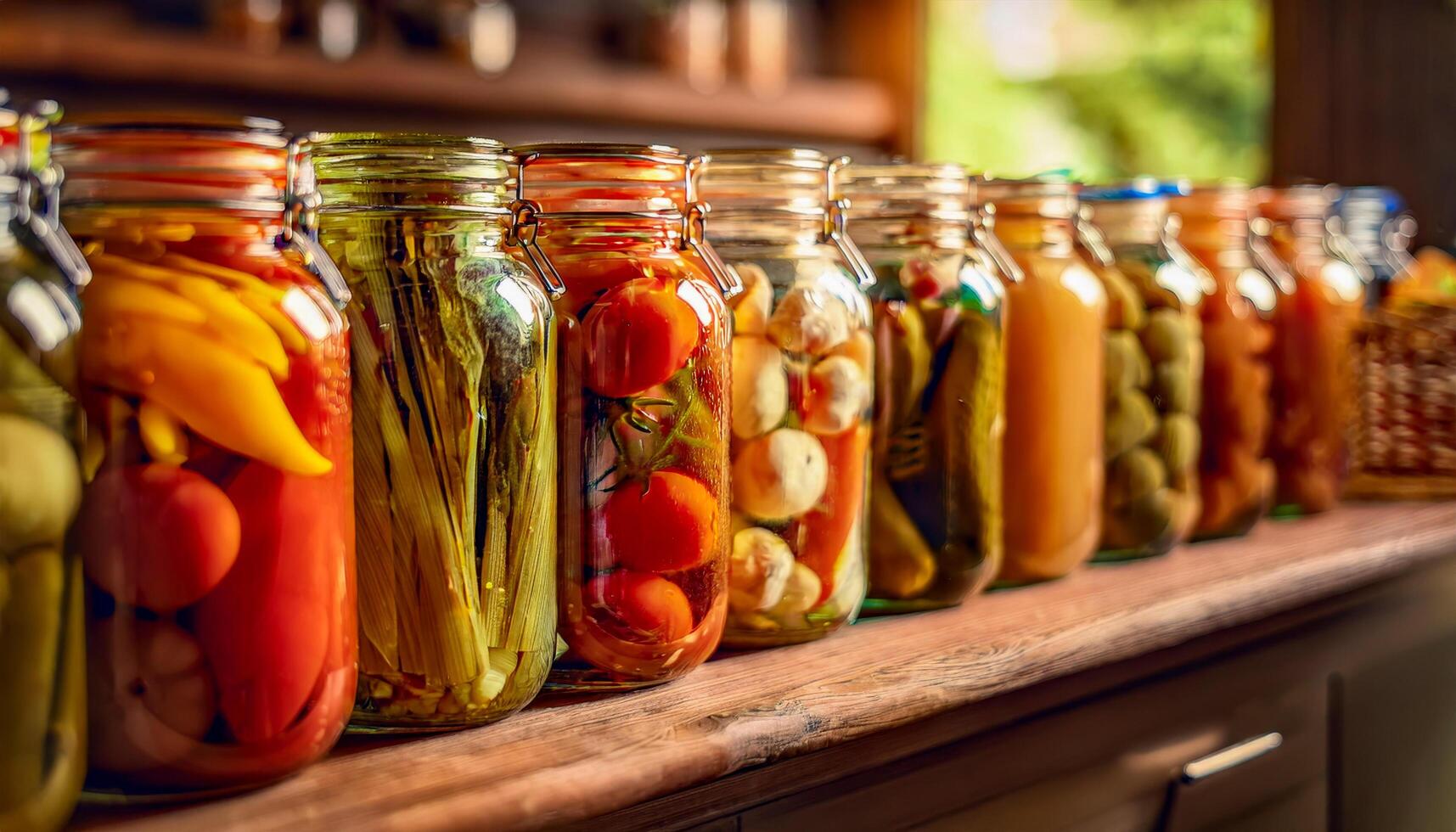 A cozy countryside kitchen with glass jars filled with pickled summer vegetables neatly arranged on shelves. photo