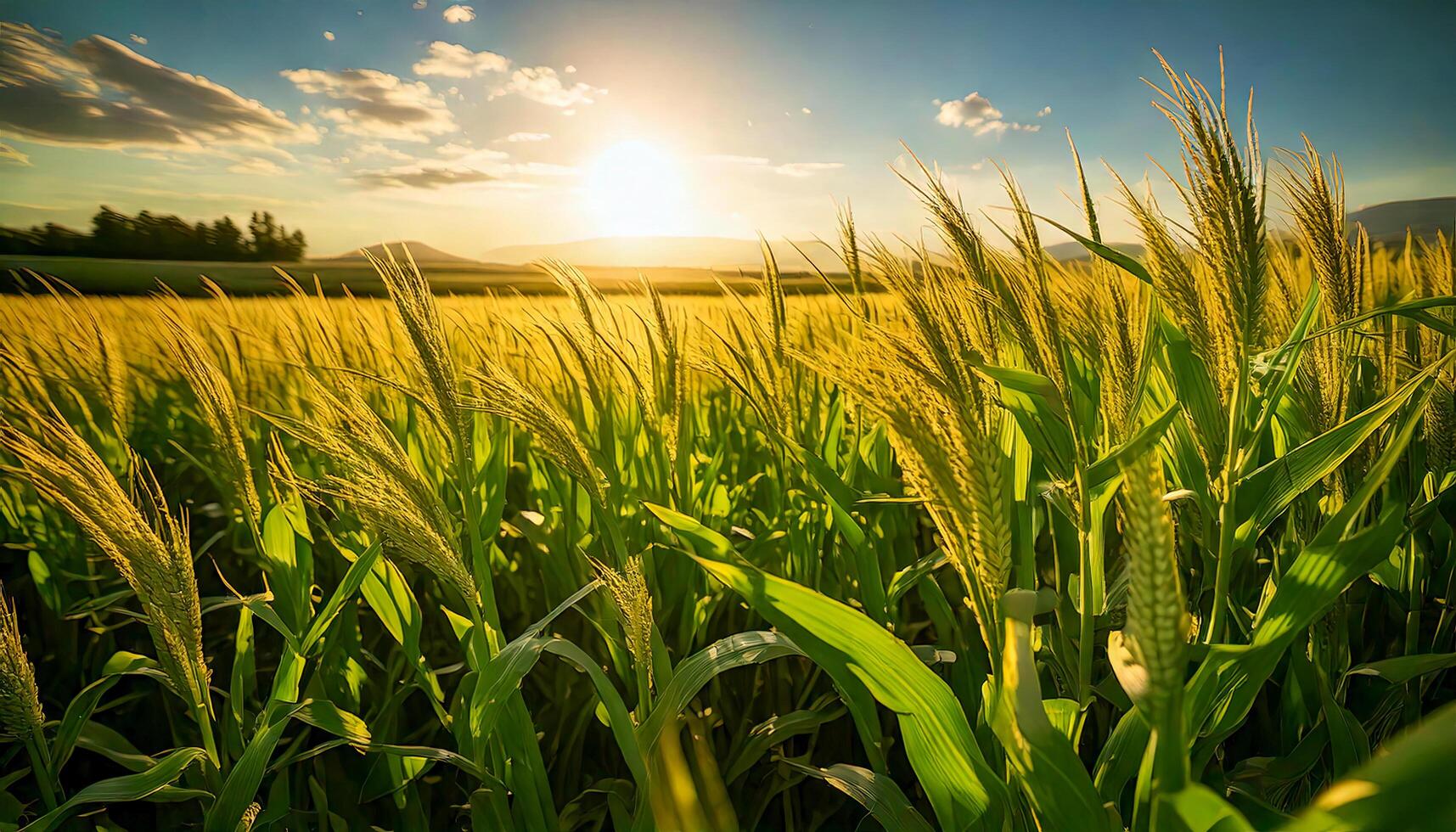 A sunlit field of tall, green corn stalks swaying in the wind, with golden tassels catching the late afternoon light. photo