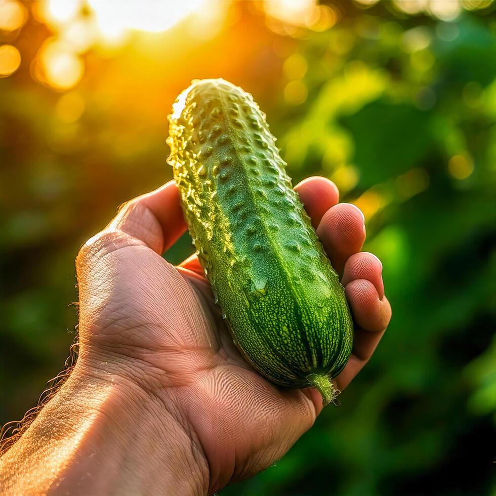A hand holding a freshly picked cucumber, with water droplets sparkling in the sunlight, emphasizing the natural freshness of the vegetable straight from the garden. photo