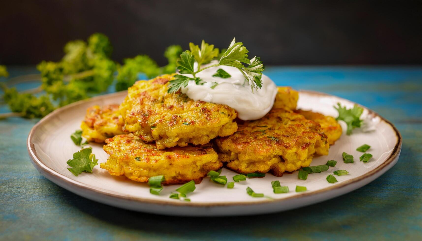 A plate of golden sweet corn fritters, perfectly crisped and served with a dollop of sour cream and garnished with fresh herbs. photo