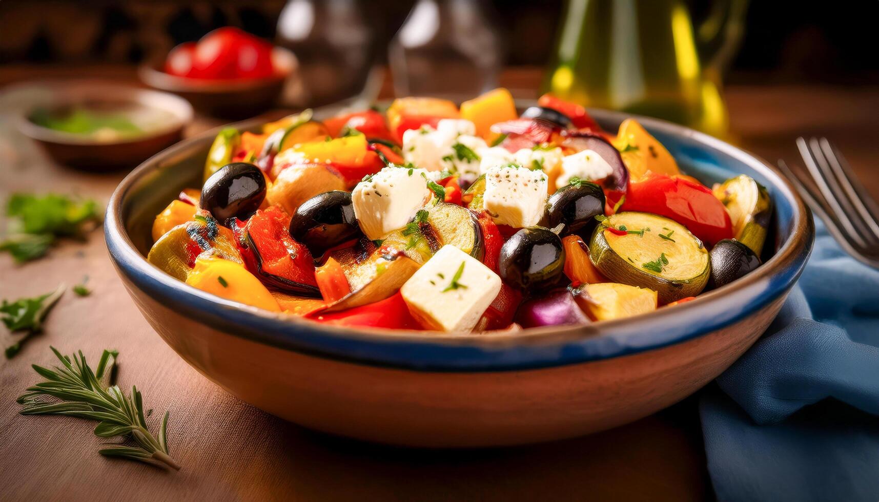A Mediterranean-inspired summer meal featuring a large bowl of roasted vegetables, olives, and feta cheese, perfect for a light, refreshing dinner. photo