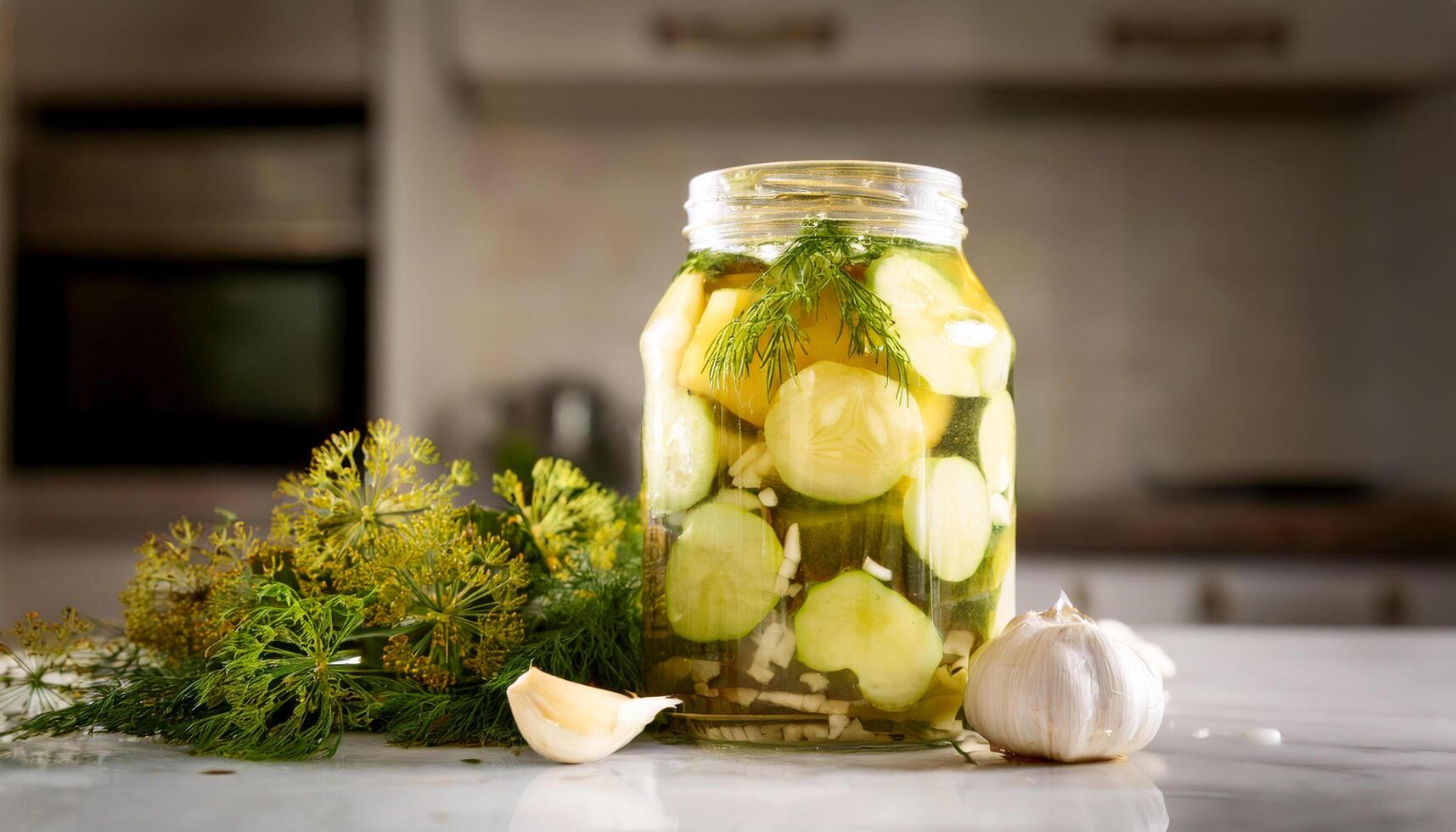 A rustic kitchen scene with a glass jar of homemade pickles, packed with cucumber slices, dill, and garlic, soaking in brine on a wooden countertop. photo