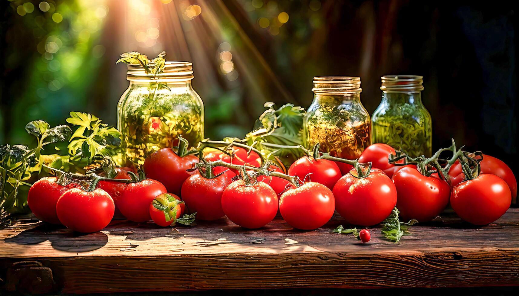 A rustic wooden countertop hosts plump tomatoes, delicate sprigs of herbs, and neatly placed glass jars, all bathed in warm, golden natural light, creating a picturesque, organic kitchen scene. photo