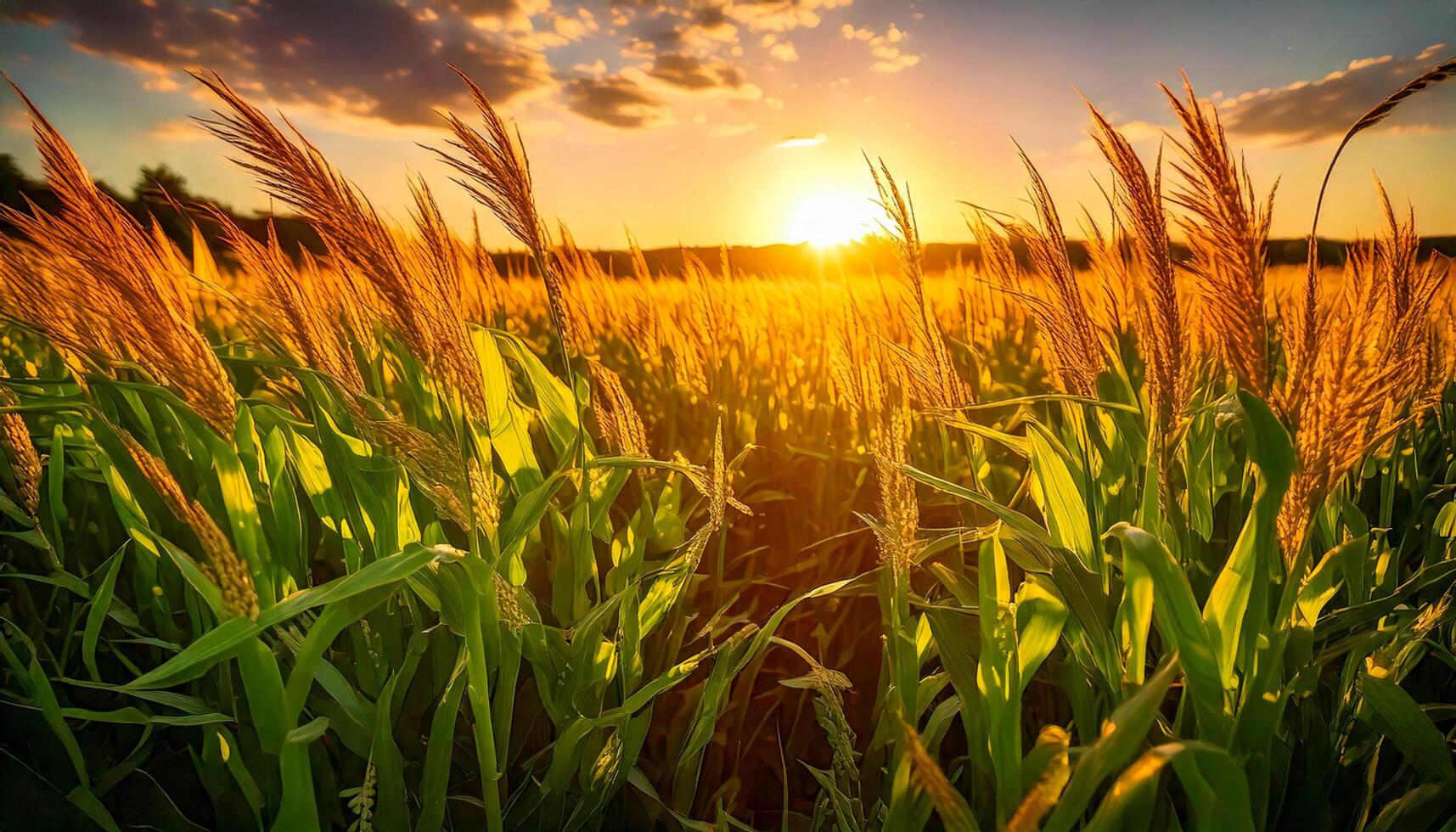A field of tall green corn stalks basking in sunlight, swaying with the wind as golden tassels catch the warm light of the late afternoon, symbolizing the harvest season. photo
