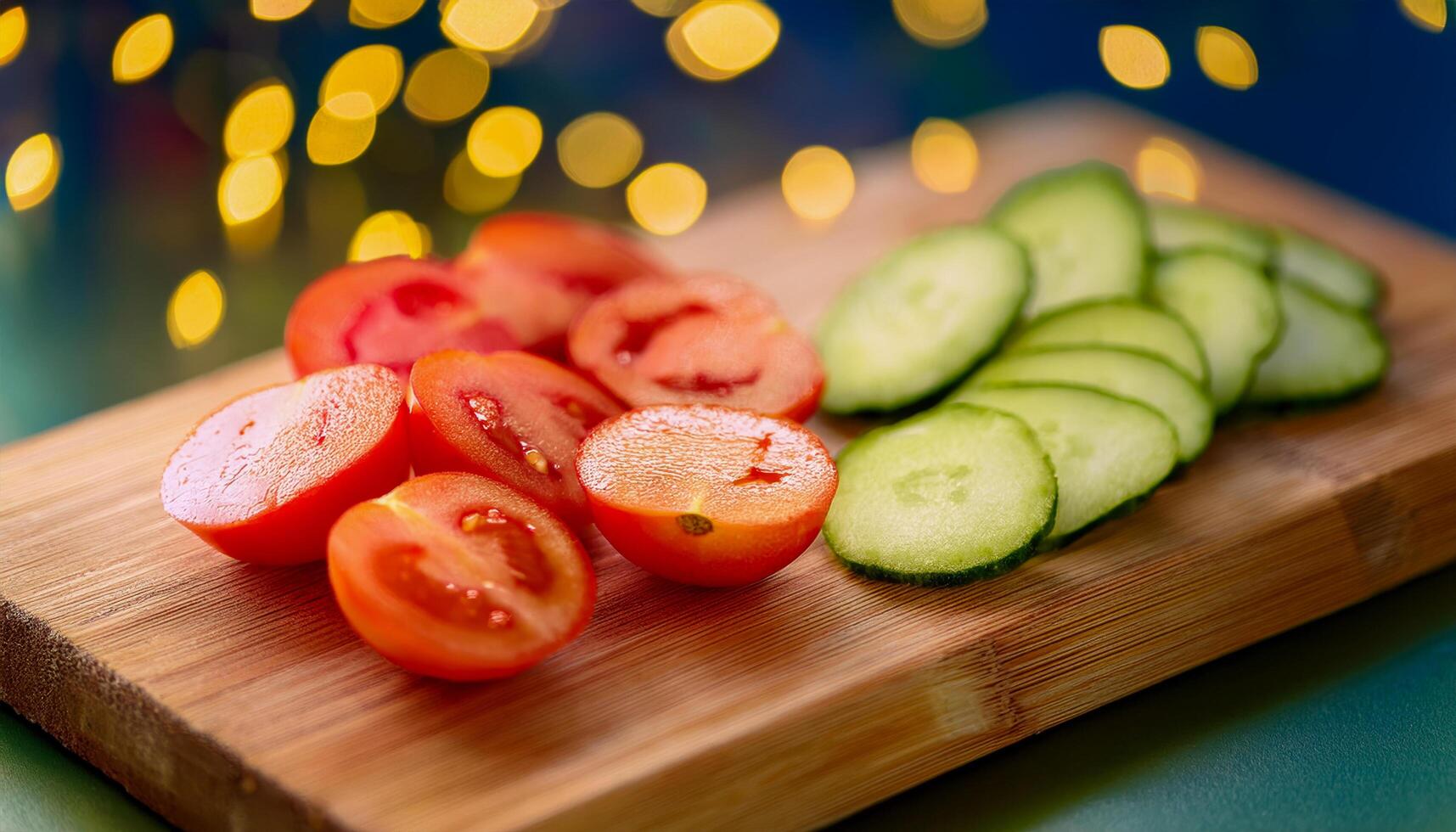 A wooden cutting board with freshly sliced cucumbers and tomatoes, ready to be tossed into a refreshing summer salad, bringing vibrant flavors to the table. photo