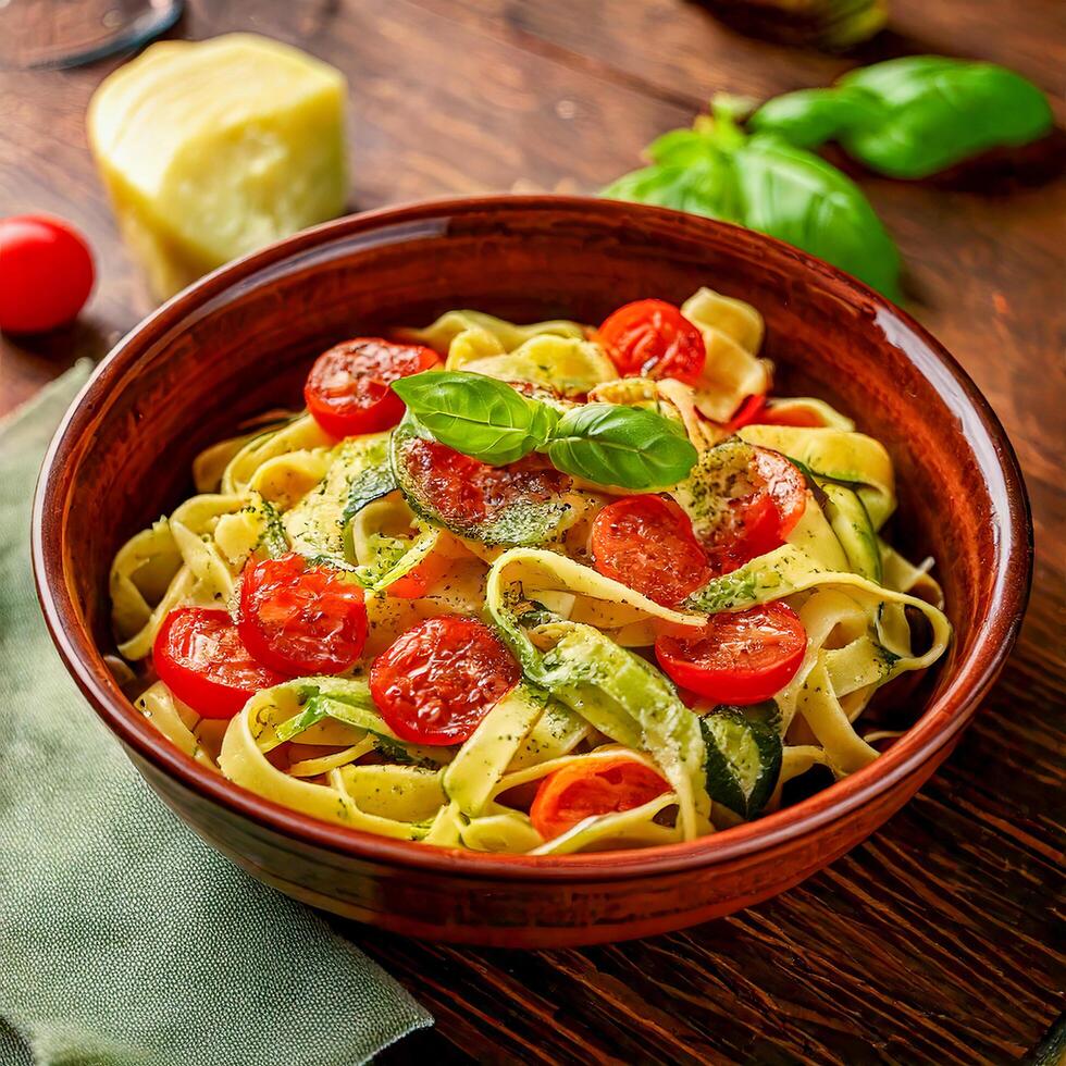 A rustic bowl of summer vegetable pasta with roasted cherry tomatoes, zucchini ribbons, and fresh basil, offering a light and flavorful dish perfect for any warm-weather meal. photo