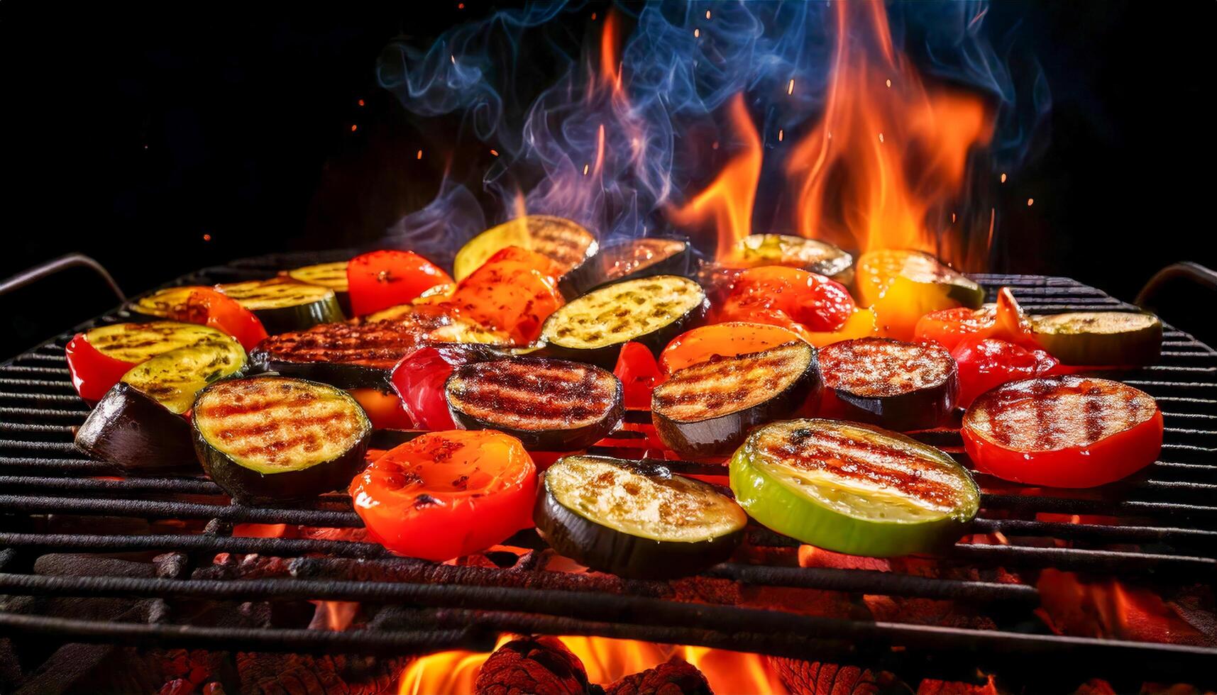 A grill sizzling with eggplants, bell peppers, and zucchini, cooking over open flames, forming perfect grill marks and creating a smoky, charred flavor ideal for summer meals. photo