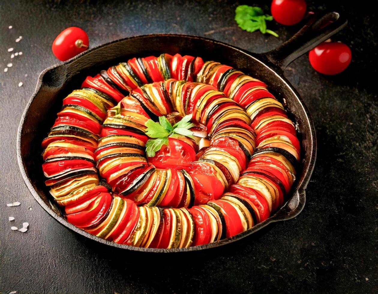 A colorful ratatouille dish with layers of eggplant, zucchini, and tomatoes, carefully arranged in a circular pattern in a sizzling cast-iron skillet. photo