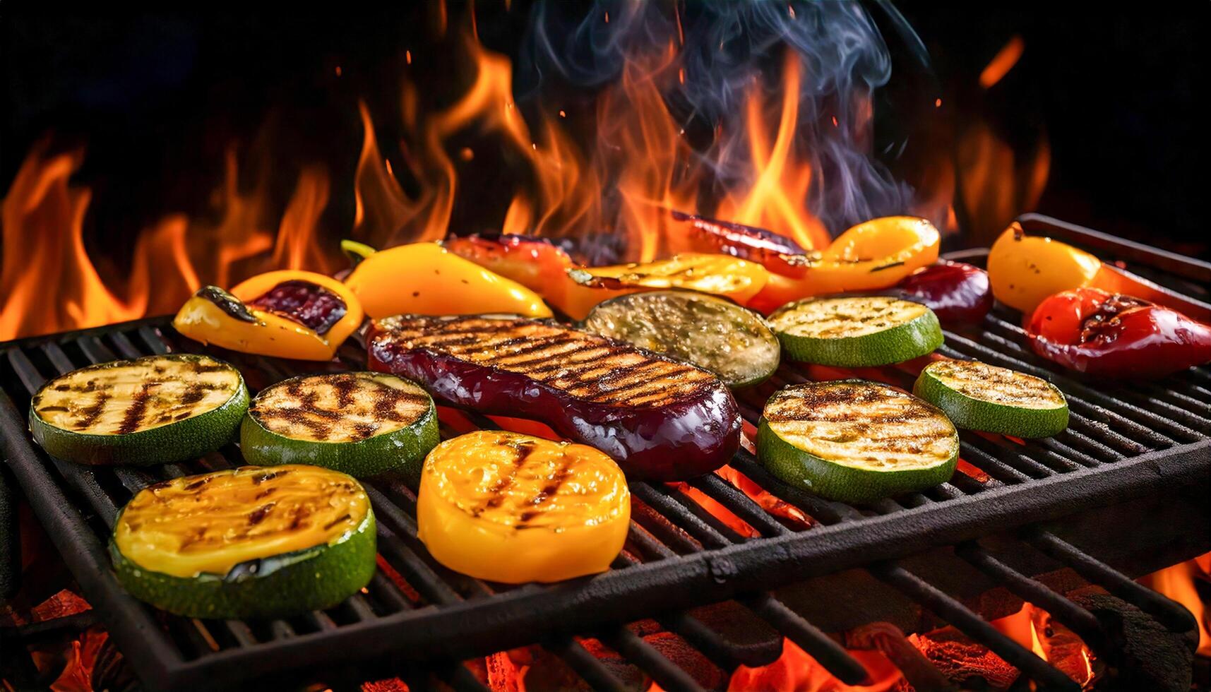 Eggplants, bell peppers, and zucchini sizzling on a grill over open flames, with crisp grill marks forming, creating a smoky, flavorful experience for a perfect summer meal. photo