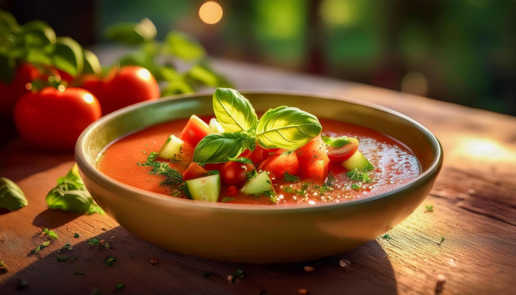 A bowl of chilled gazpacho soup garnished with diced cucumbers, tomatoes, and fresh basil, served on a wooden outdoor table. photo