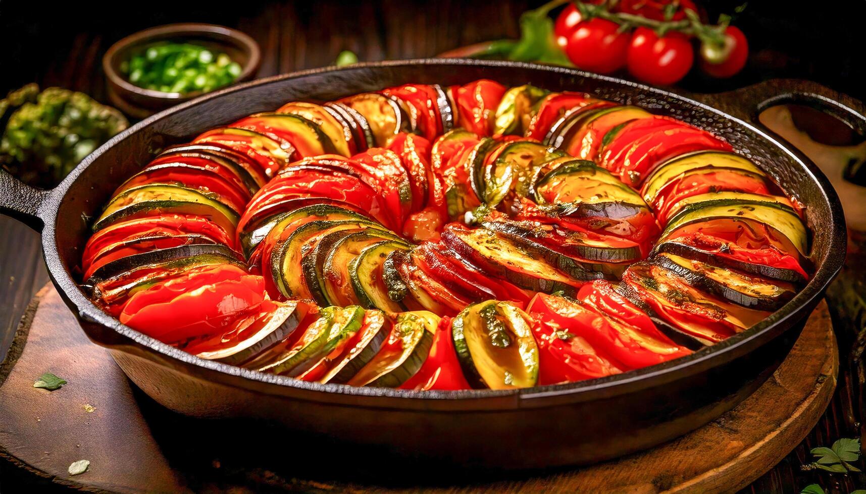 A warm ratatouille dish, layers of eggplant, zucchini, and tomatoes arranged in a circular pattern in a cast-iron skillet. photo