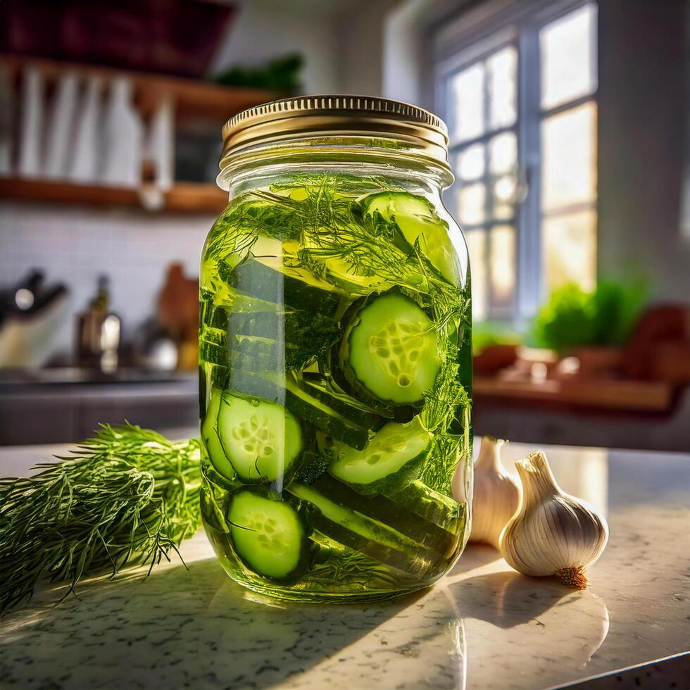 A glass jar of homemade pickles filled with sliced cucumbers, dill, and garlic cloves, placed on a kitchen countertop. photo