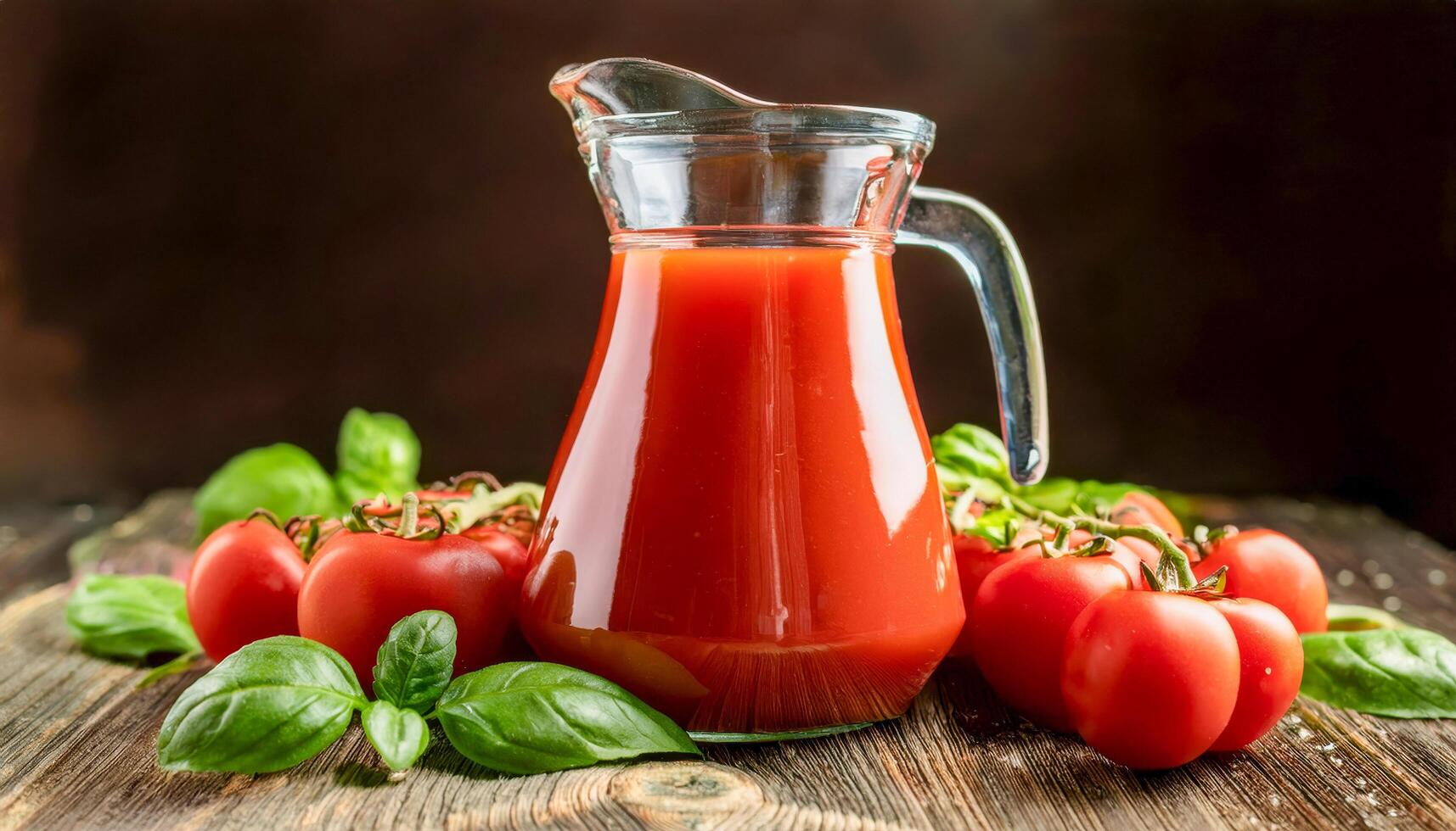 A glass pitcher of tomato juice surrounded by fresh tomatoes and basil leaves. photo
