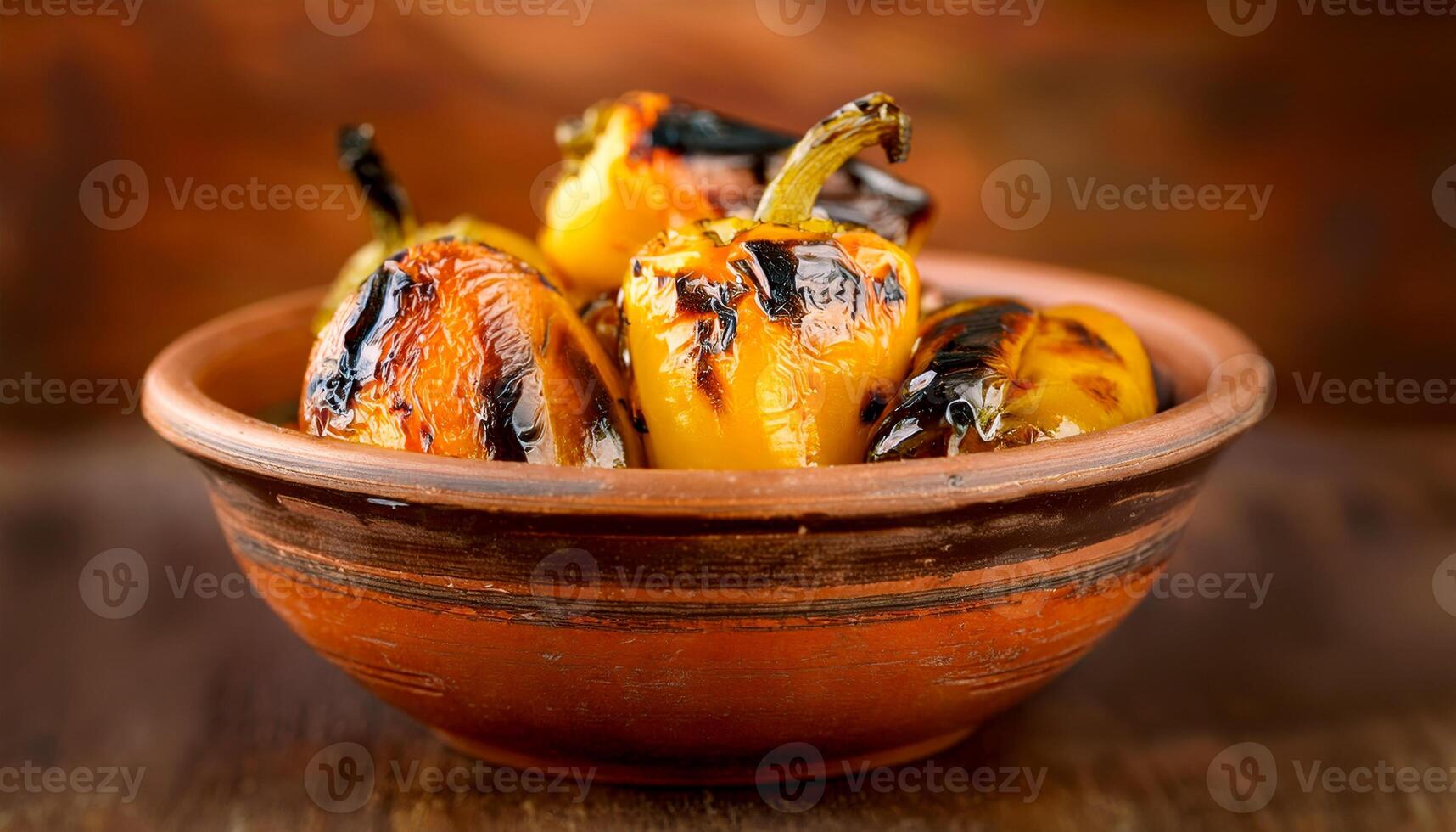 A rustic clay bowl filled with fire-roasted bell peppers, showcasing their slightly charred skins and rich smoky aroma, perfect for adding depth to meals. photo