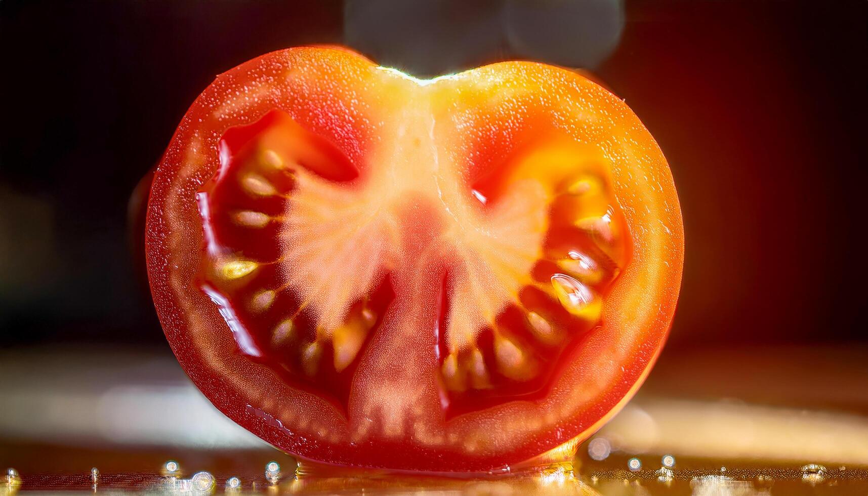 A closeup of a juicy tomato sliced in half with its seeds and pulp glistening in the light. photo