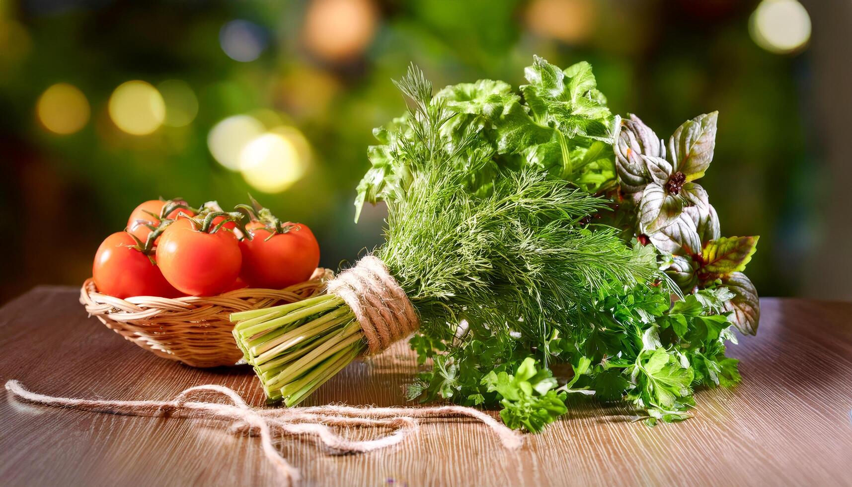 A fresh bundle of basil, dill, and parsley tied with twine, resting beside a basket filled with ripe, juicy tomatoes, perfect for a garden-to-table meal. photo