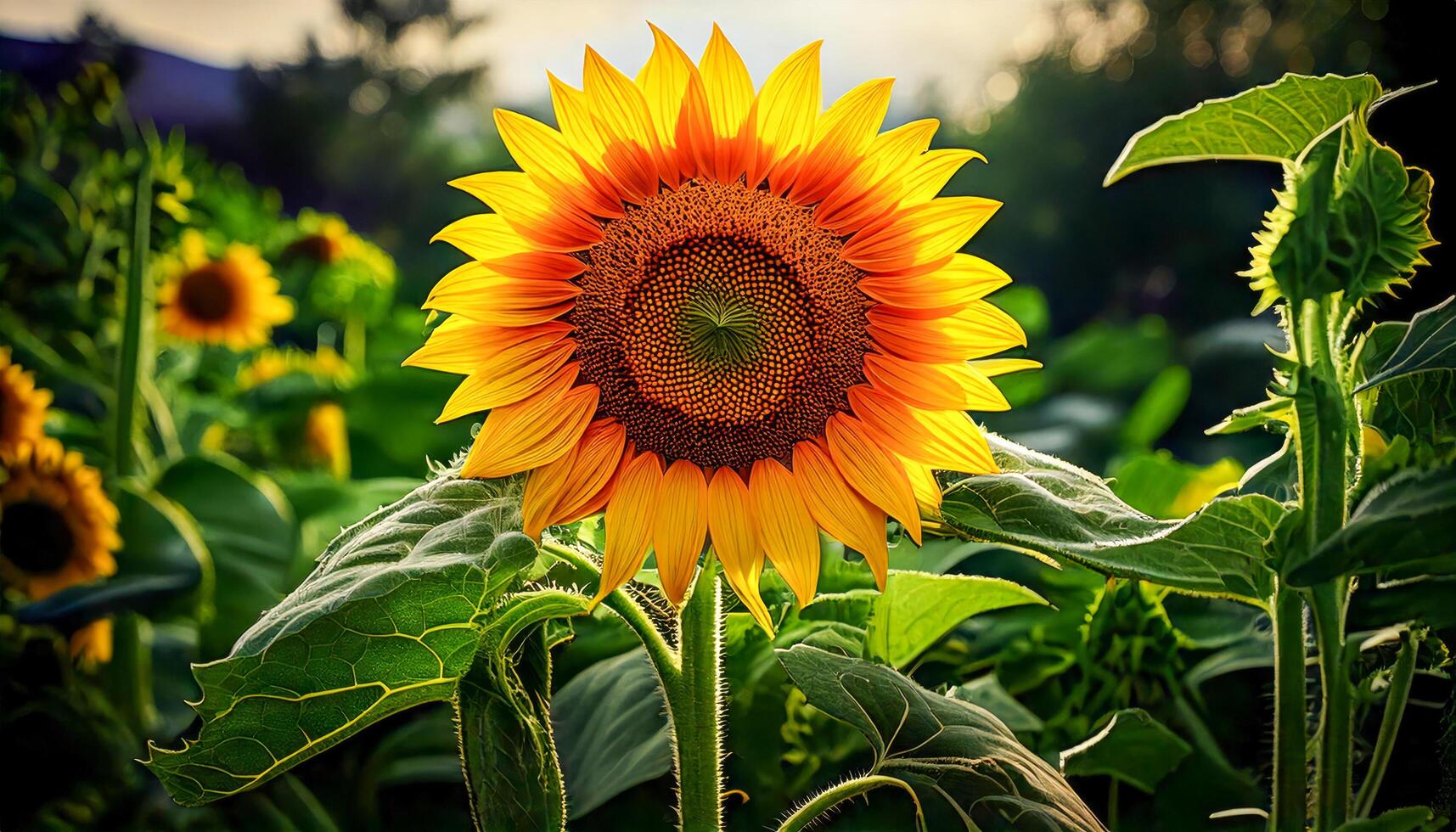 A radiant sunflower in full bloom stands tall in a lush field, its golden petals glowing in the sunlight. Surrounded by rich green foliage, it captures the essence of a warm, vibrant summer day. photo