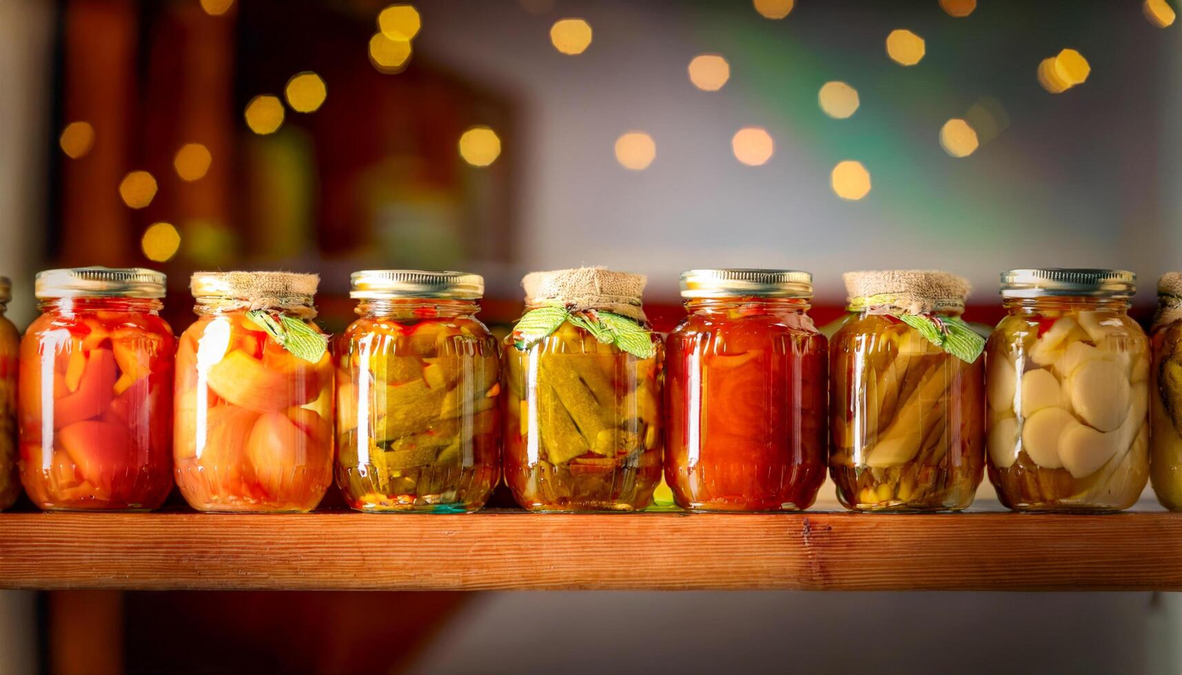 A set of glass jars filled with homemade canned summer vegetables, neatly lined up on a pantry shelf. photo