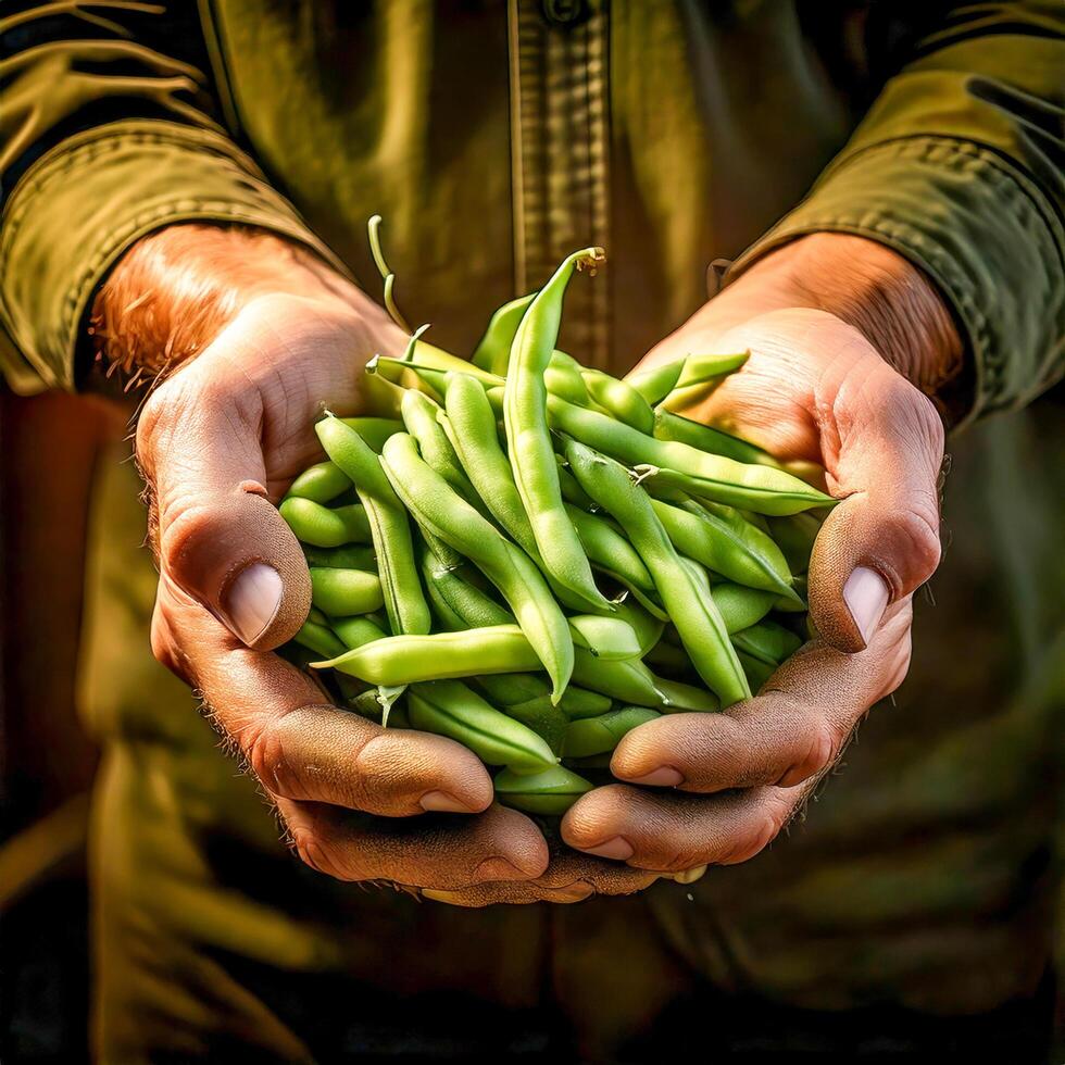 A closeup of a farmers hands gripping a bundle of freshly picked green beans, highlighting the reward of a successful harvest. photo