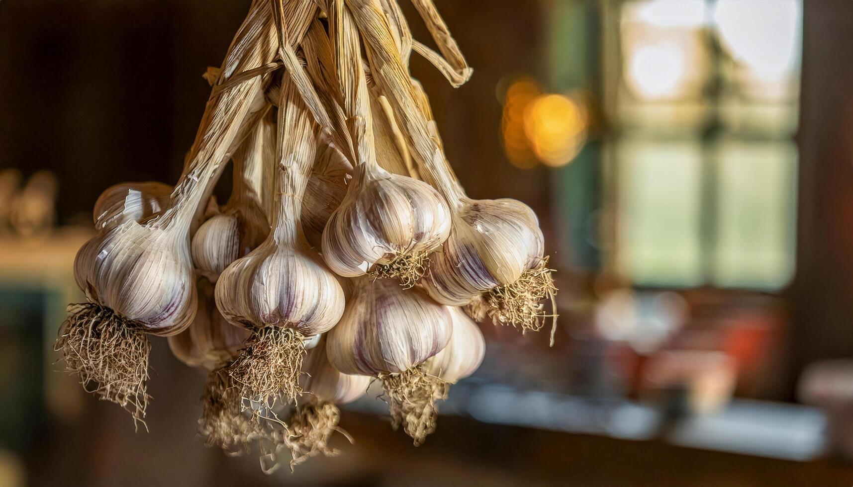 A string of garlic bulbs sways gently in a country-style kitchen, air drying near a window where sunlight filters through lace curtains, casting delicate patterns onto the wooden counter below. photo