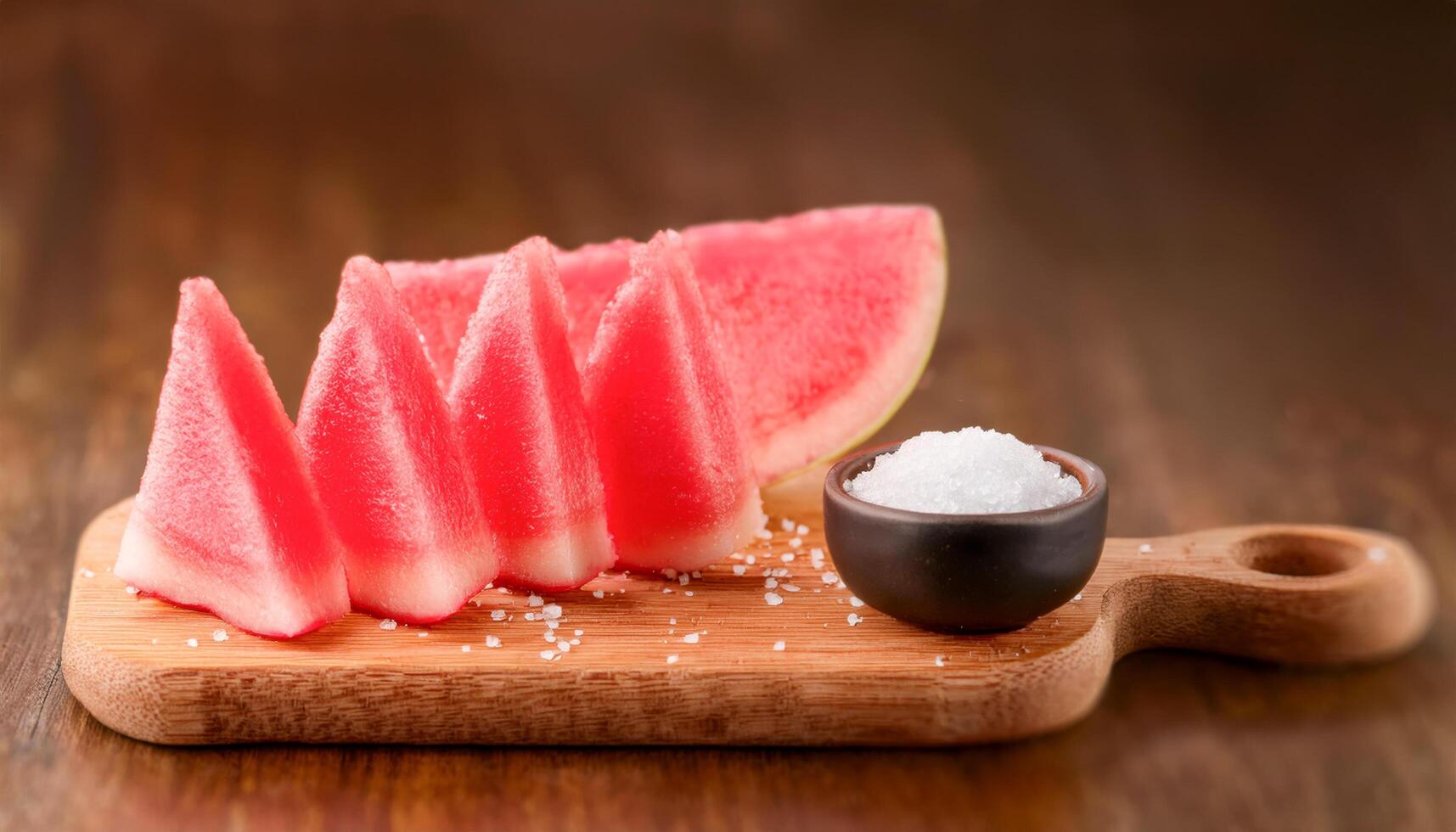 A wooden cutting board with freshly sliced watermelon radishes, accompanied by a small dish of sea salt, ready to be enjoyed as a crisp snack. photo