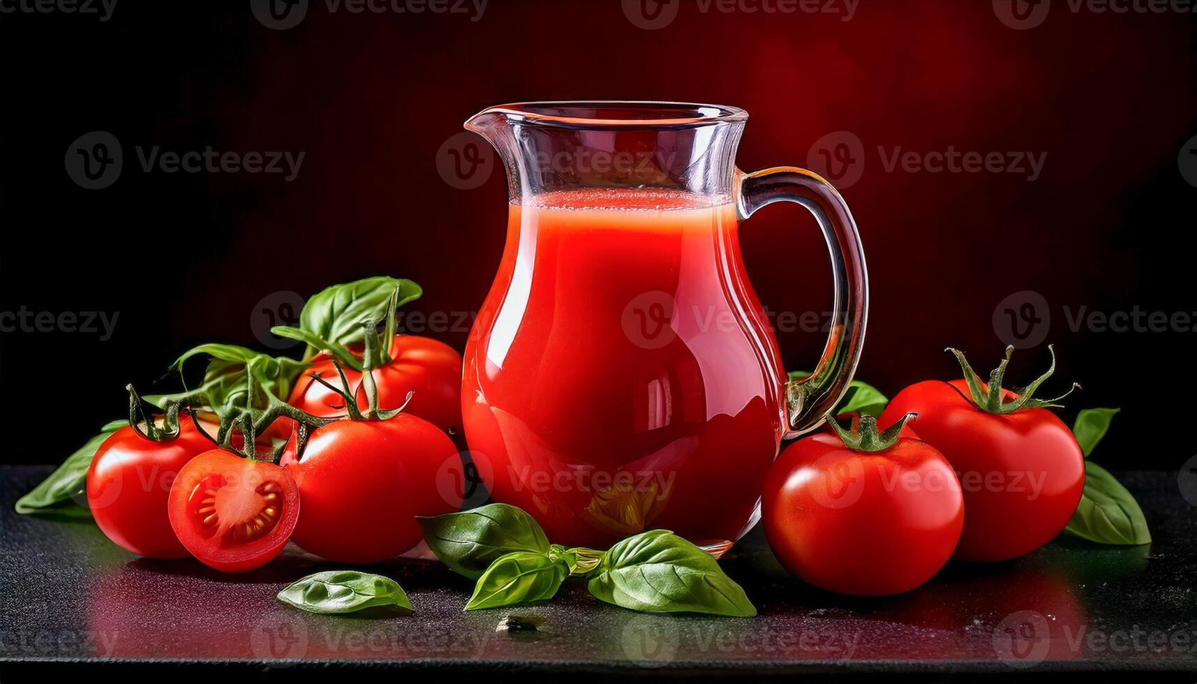 A glass pitcher filled with freshly made tomato juice, surrounded by ripe tomatoes and aromatic basil leaves, perfect for a refreshing drink. photo