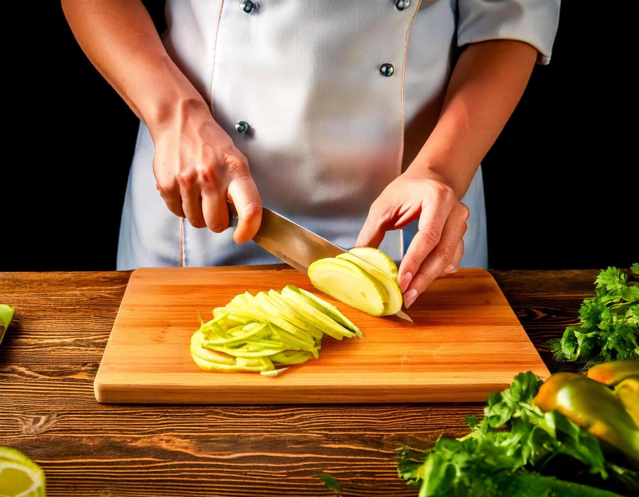 A cutting board with a chef slicing zucchini into thin ribbons, preparing them for a fresh summer salad. photo