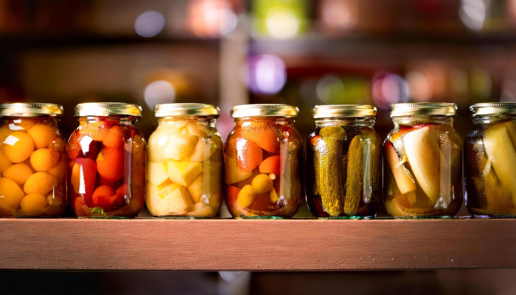 A collection of glass jars filled with homemade canned summer vegetables, perfectly lined up on a pantry shelf, ready for use in delicious seasonal dishes. photo