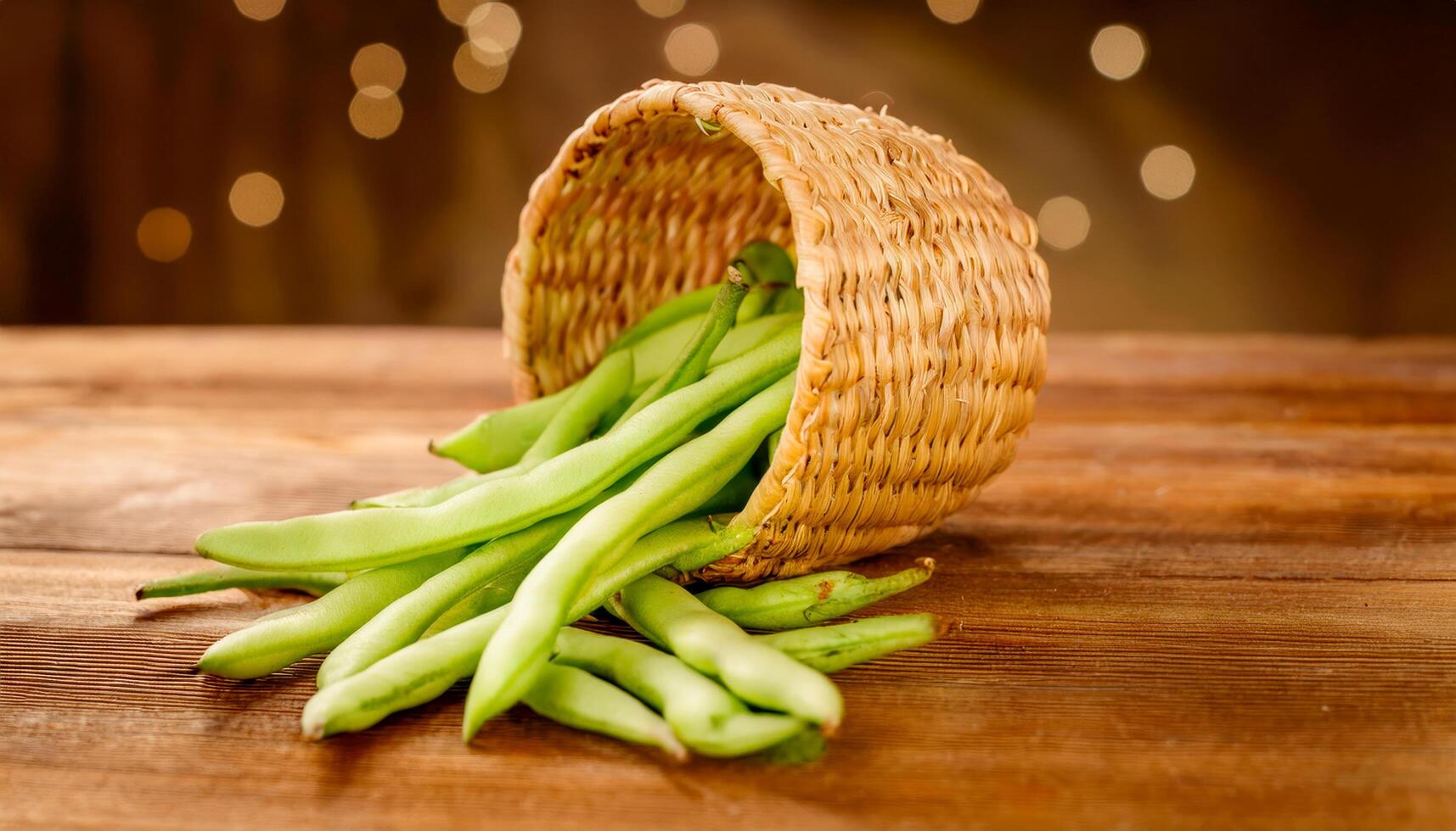 A rustic woven basket filled with freshly harvested green beans, spilling out onto a weathered wooden surface, showcasing the bounty of a farm-fresh harvest. photo