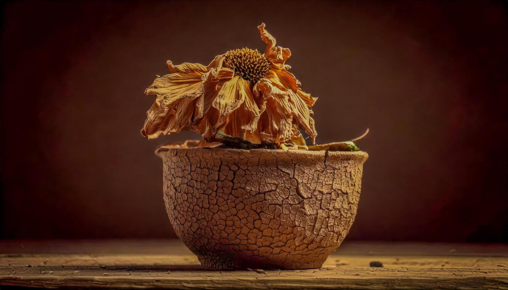 Wilted and dead flower in a cracked pot resting on a wooden surface. Earthy brown tones with soft light and shadow. A still life depicting the finality of life and the beauty in decay. photo