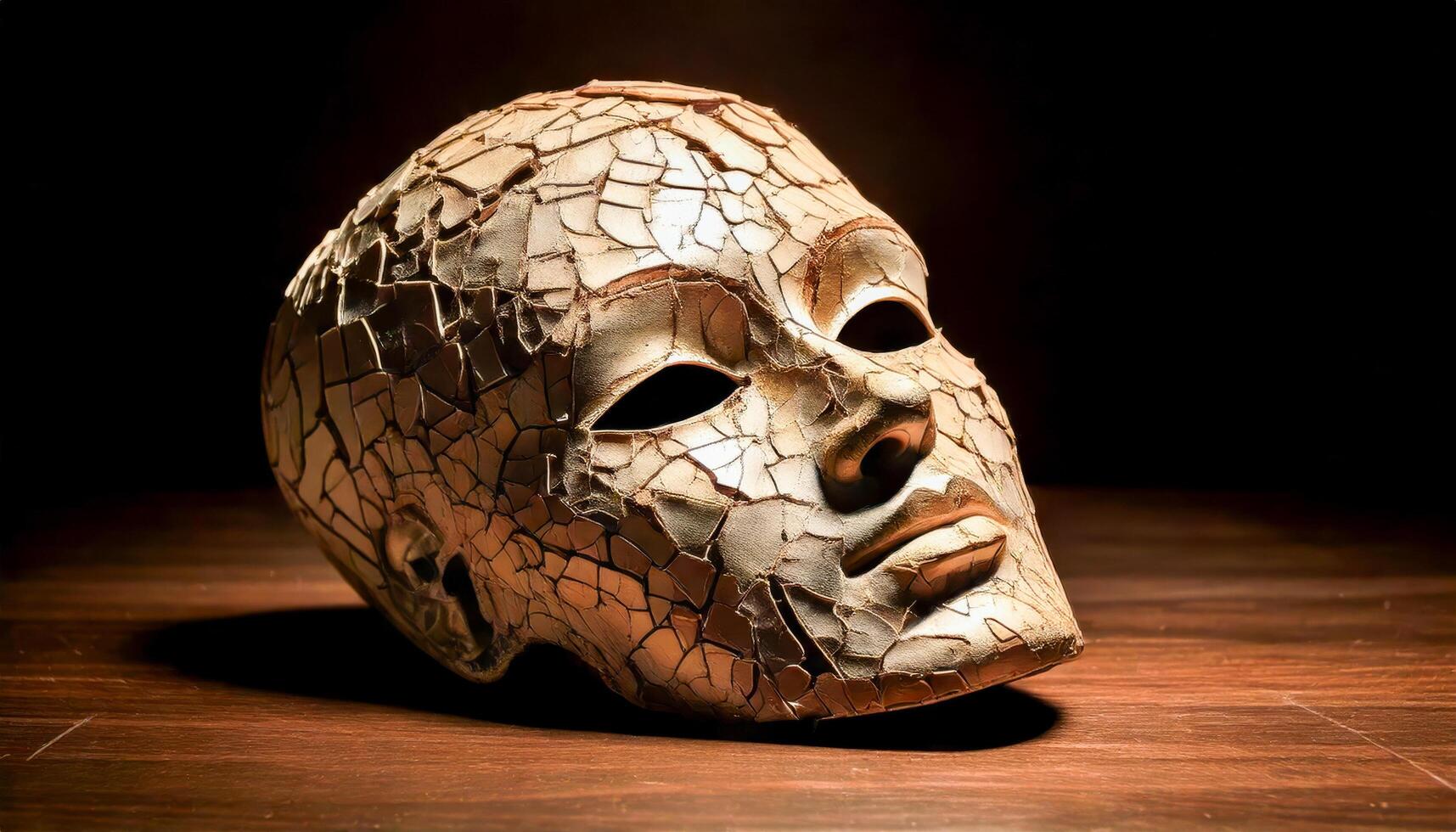 Cracked and mosaic-like theatrical mask resting on a wooden surface. Dark background with a spotlight highlighting the intricate textures. Evokes mystery and dramatic performance. photo
