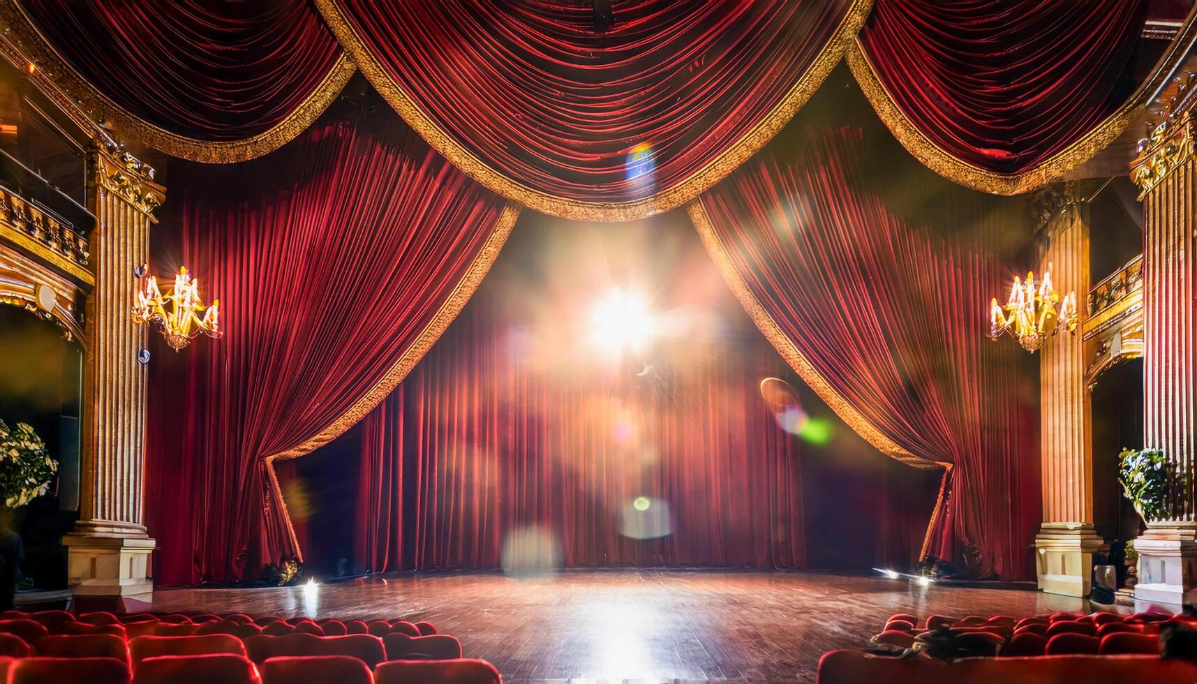 Empty theater stage with closed red velvet curtains trimmed in gold, illuminated by a central spotlight. Ornate pillars and chandeliers frame the scene. photo
