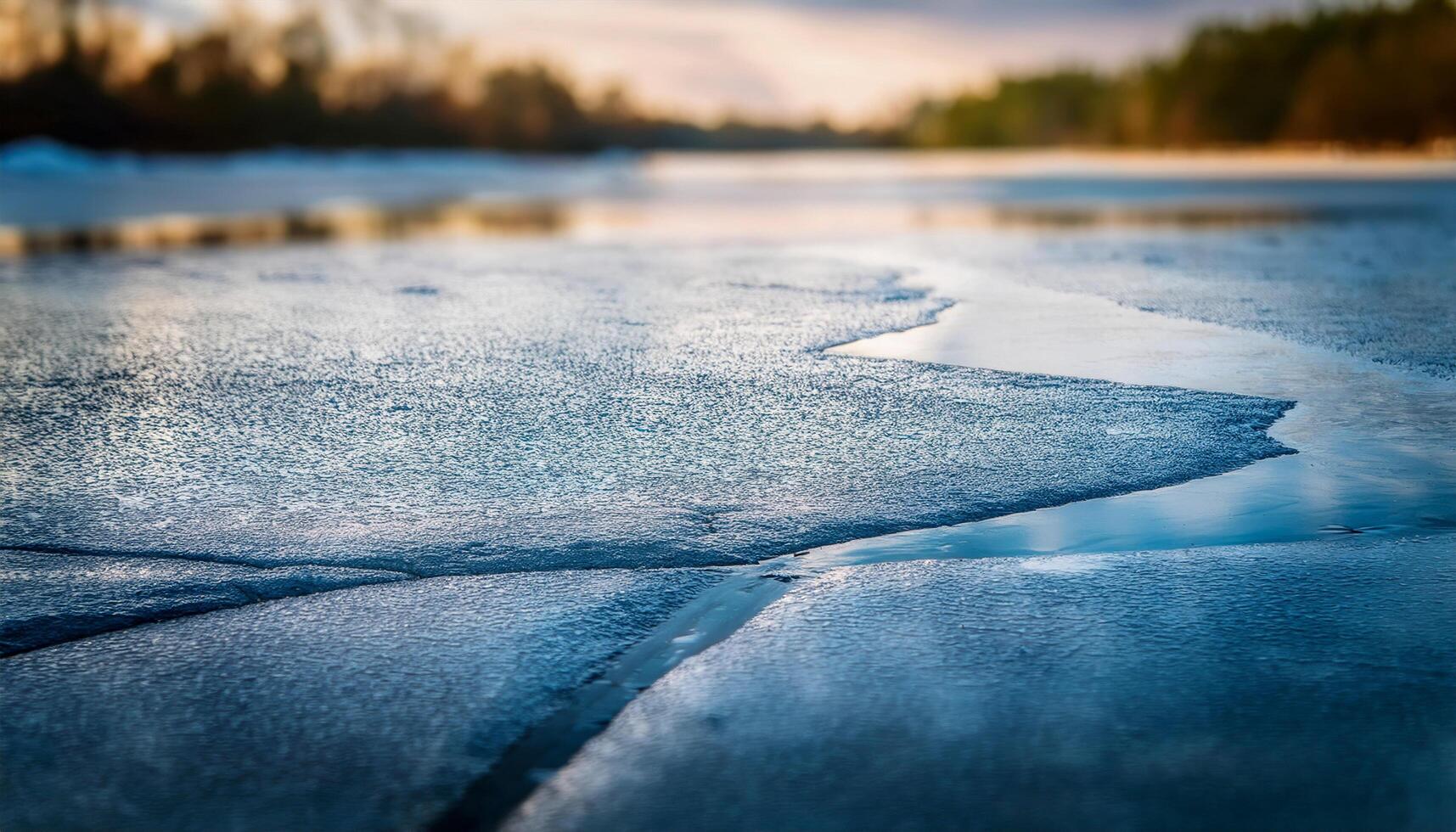 Cracked ice on a frozen lake, with blurred trees and sky in the background. Captures the delicate textures and the cold beauty of winter. photo