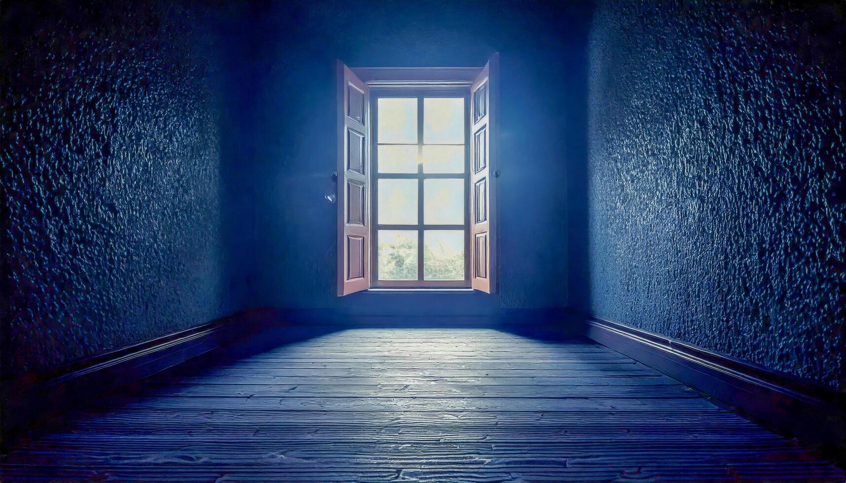Dark blue hallway with an open window at the end, letting in a bright light. Shadows stretch across the wooden floor and textured walls. Evokes a sense of mystery and the unknown. photo