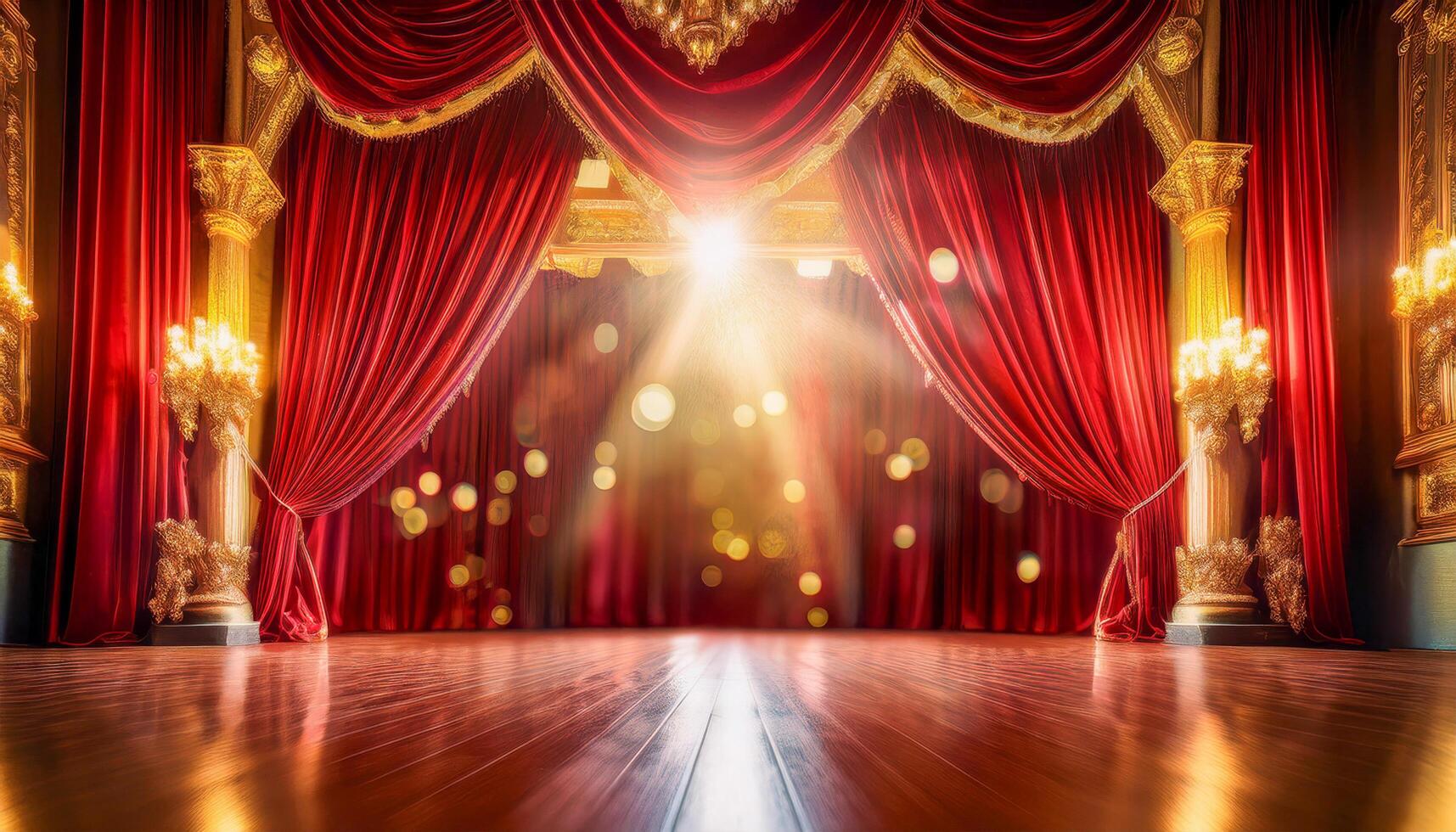 An elegant, dimly lit theater stage with rich red velvet curtains slightly parted, revealing a golden glow from behind. photo