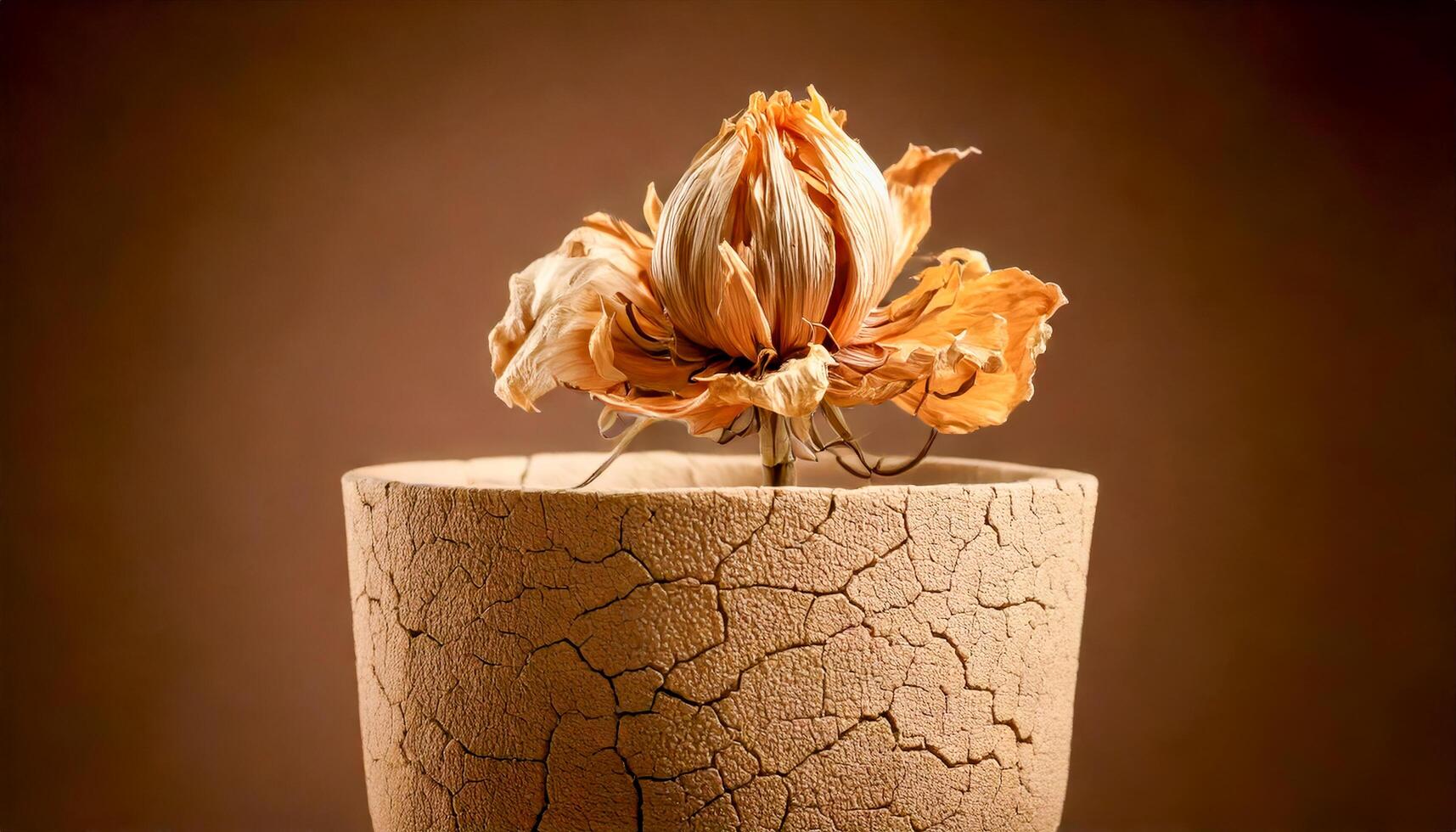Wilted and dried flower in a heavily cracked pot. Earthy brown and beige tones, with dramatic light and shadow. A still life depicting the beauty of decay and the passage of time. photo