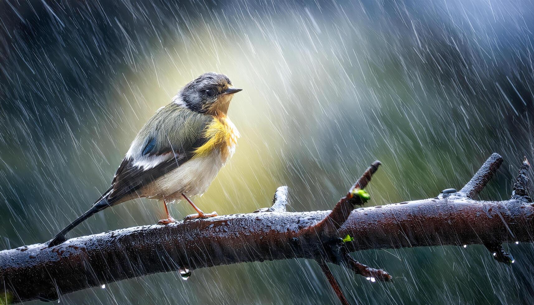 A small bird sitting on a branch during a storm, symbolizing resilience and hope in difficult times. photo