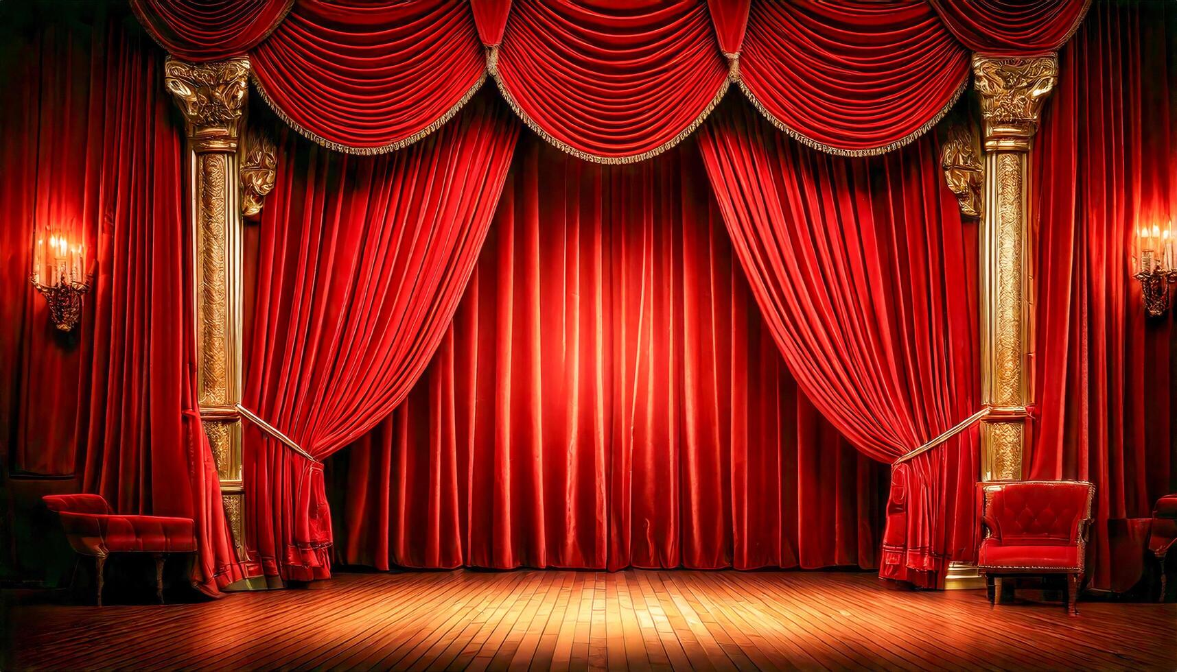 Shadows dance along red velvet folds as a sliver of light spills from beyond the stage. A quiet breath before drama, the golden glow whispers promise, magic just out of reach. photo