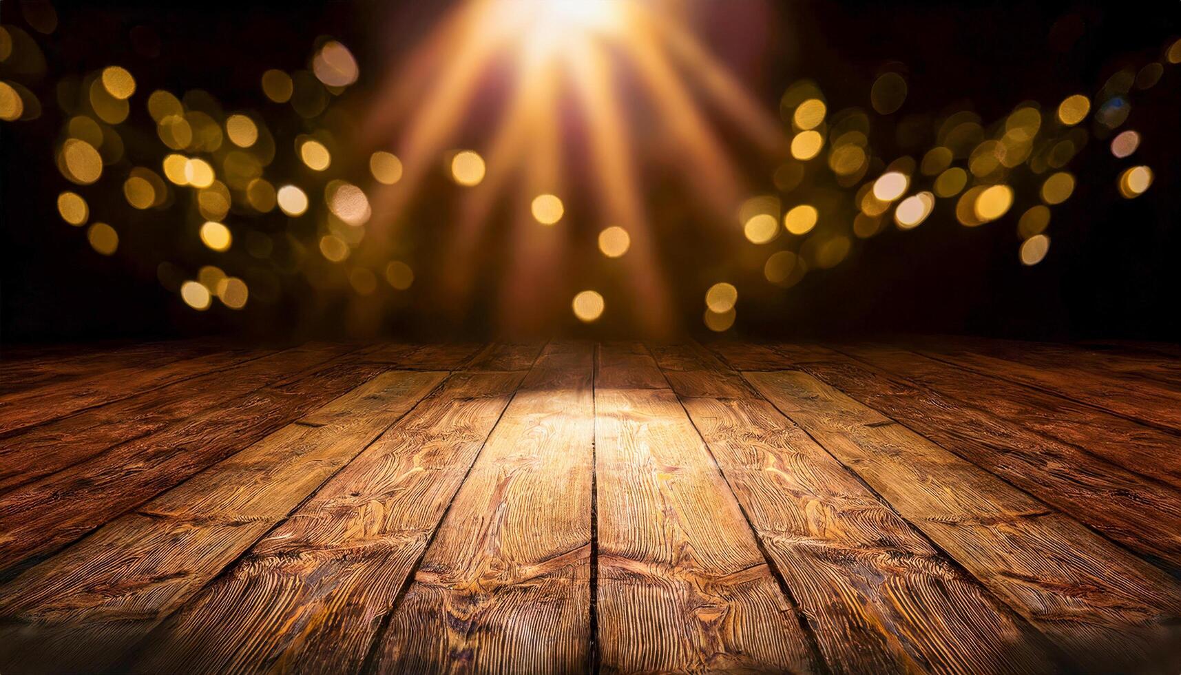 A worn wooden stage stretches into darkness, a single spotlight blazing at center stage. Long shadows spill across the floorboards, evoking quiet tension and stories waiting to unfold. photo