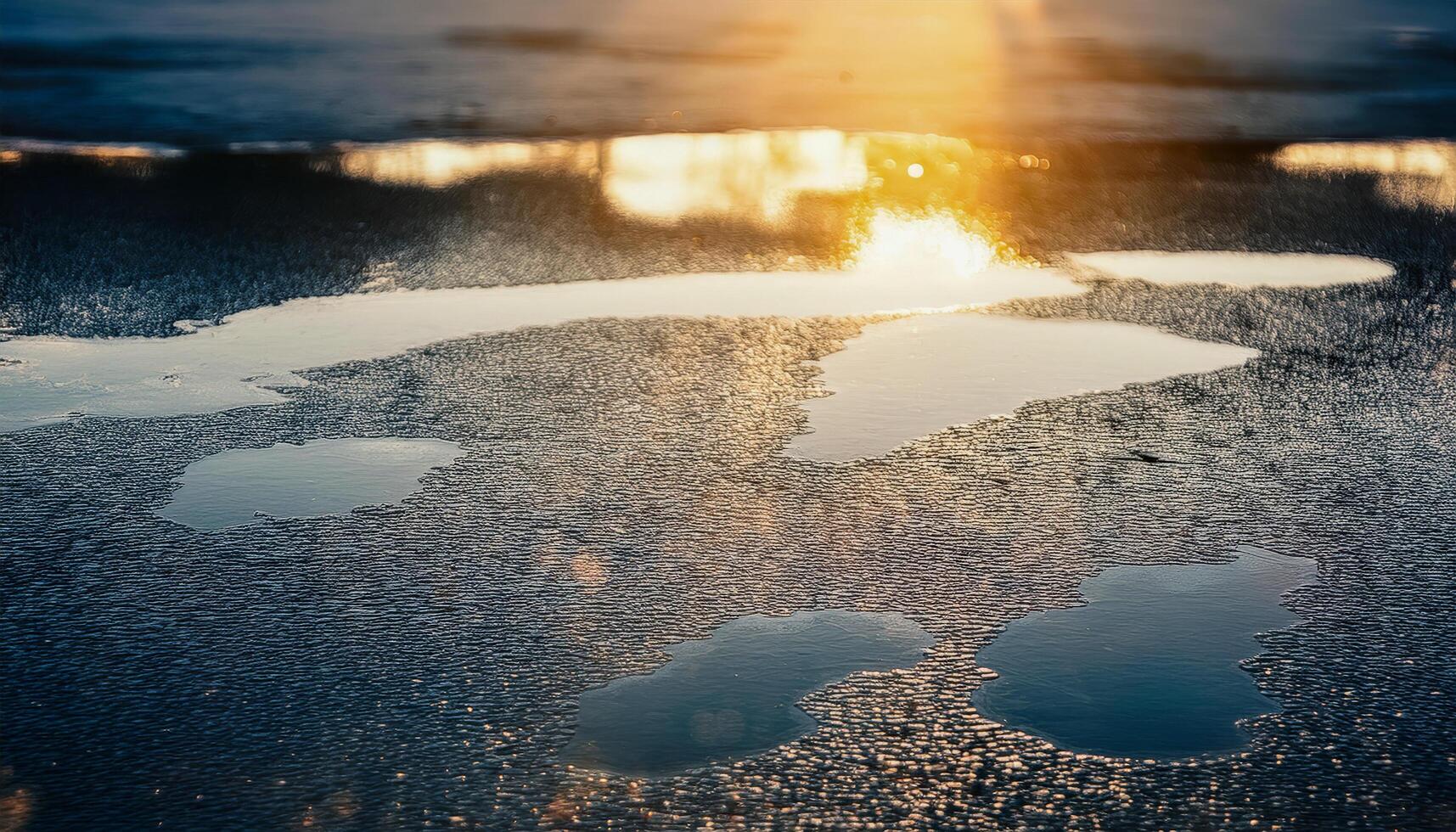 Puddles of water reflecting the golden light of the setting or rising sun and the sky. Wet asphalt surface. Abstract and atmospheric view capturing the shimmering reflections. photo