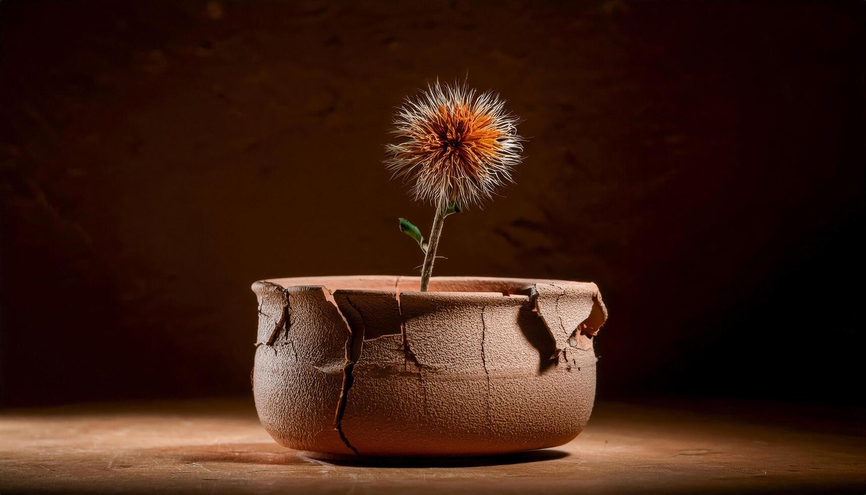Dried, spiky flower in a cracked and broken pot. Earthy tones with light and shadow. A still life suggesting resilience and survival despite hardship. Symbolic of tenacity. photo